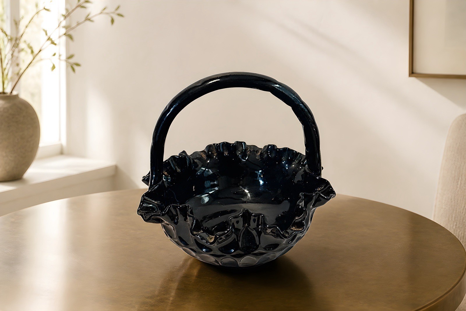 Vintage Fenton black amethyst glass thumbprint with ruffled rim 7.5” Tall Vintage Fenton black amethyst glass thumbprint with ruffled rim 7.5” Tall