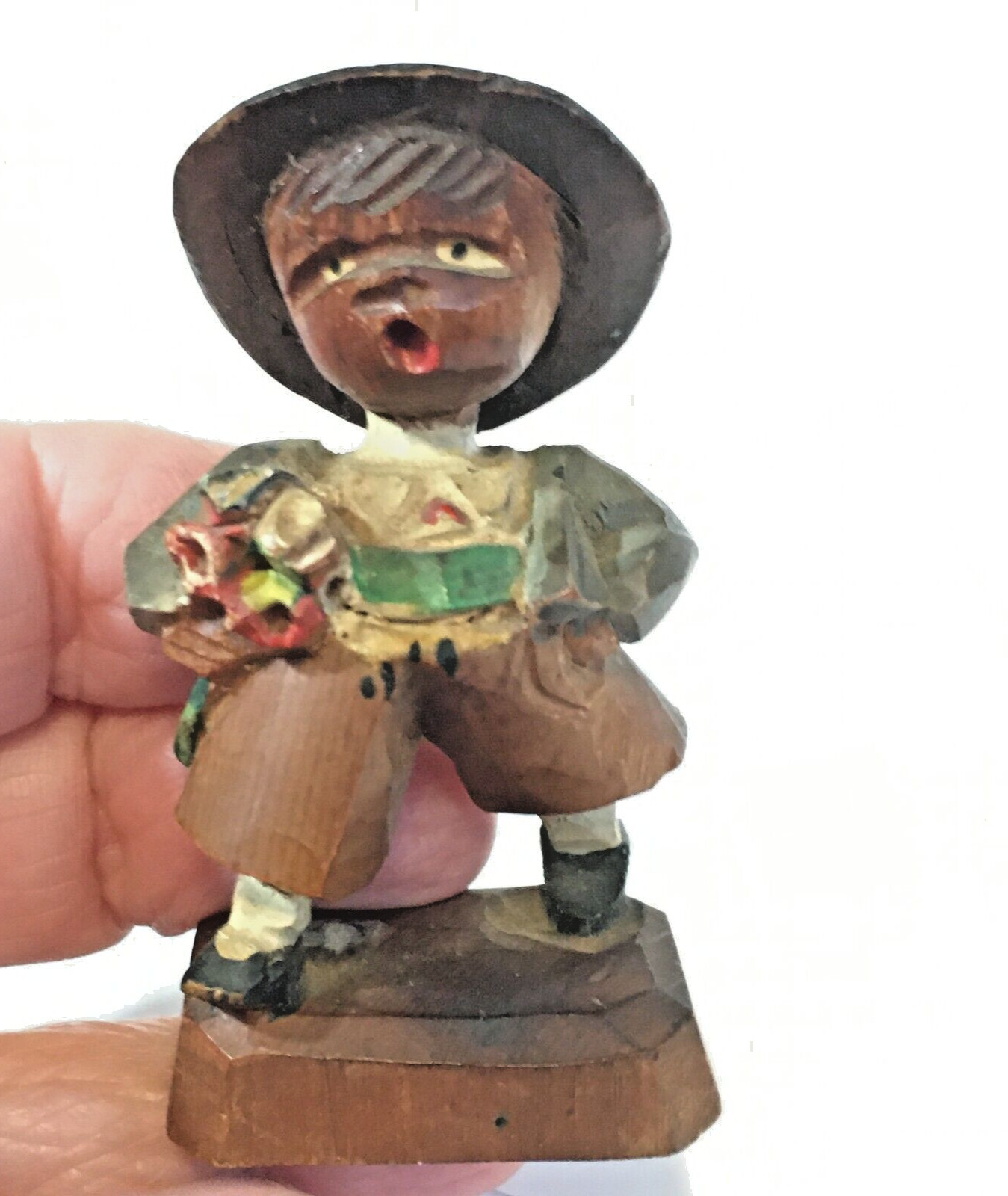VINTAGE WOOD CARVING WHISTLER BOY FLOWER 2 1/2\