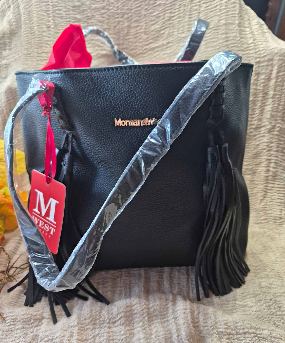 Montana West Black Tote Handbag Fringe Tassel Logo Concealed Carry