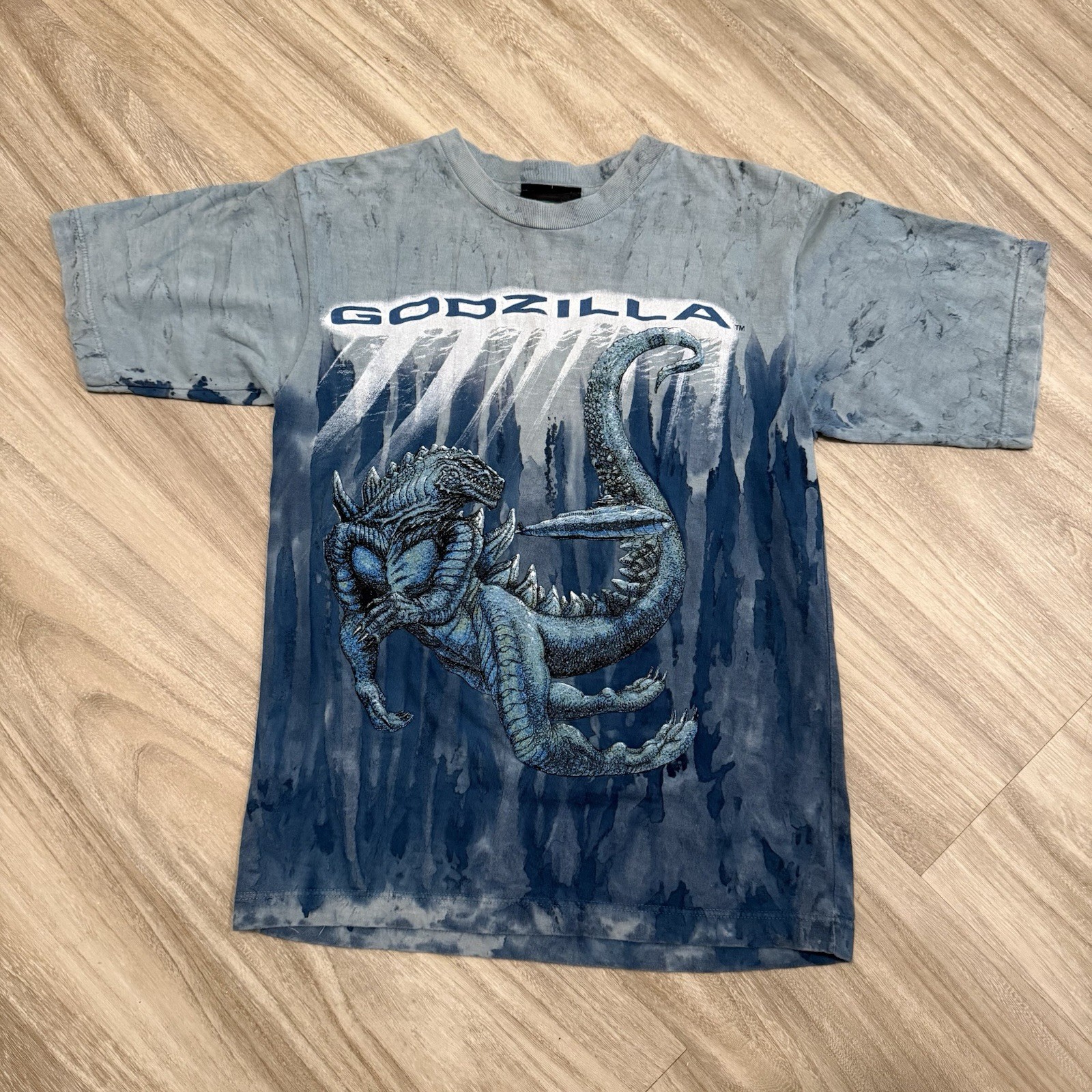 Vintage 1998 Godzilla Movie T-Shirt Men\'s Teal Blue Tie-Dye sz S RARE