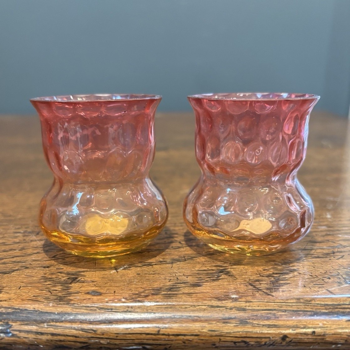 Antique Victorian Amberina Glass Toothpick Holders Inverted Thumbprint - Pair