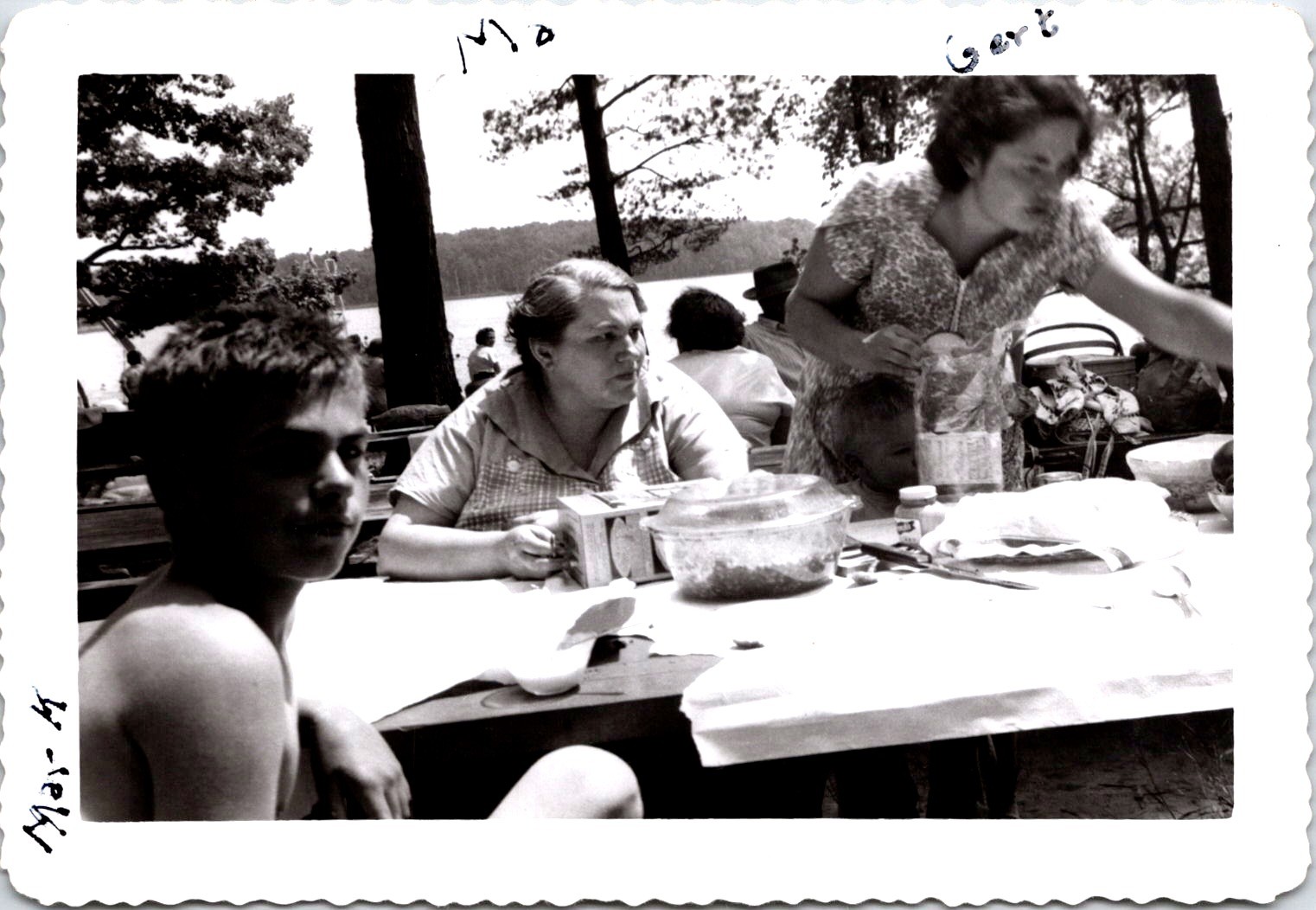 Americana Family Picnic at Pleasant Lake 1950 B&W Snapshot Vintage Photo