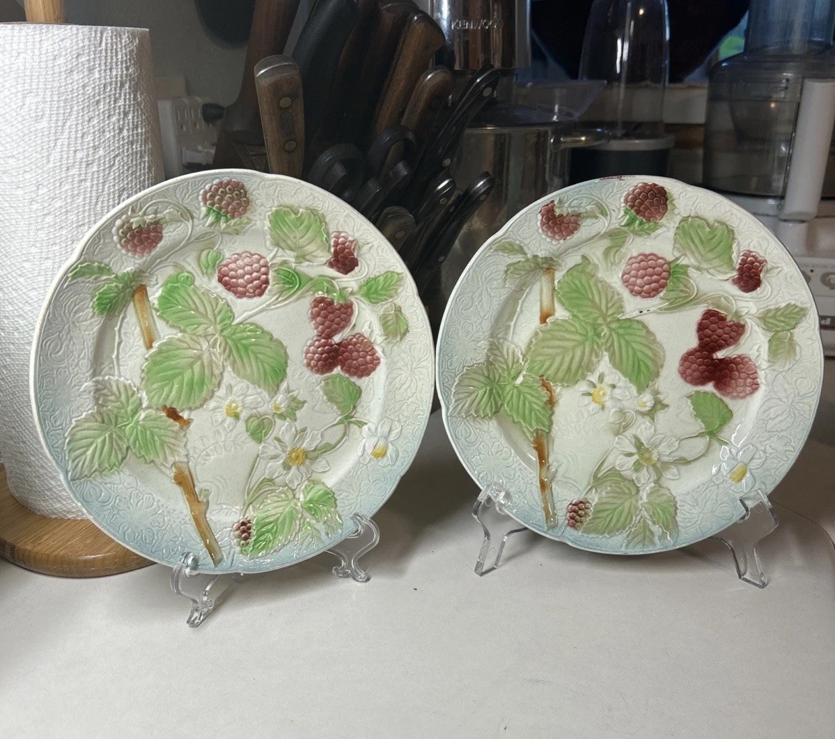 2 Antique MAJOLICA Faience Fruit Plates St Clement FRANCE 8.25\