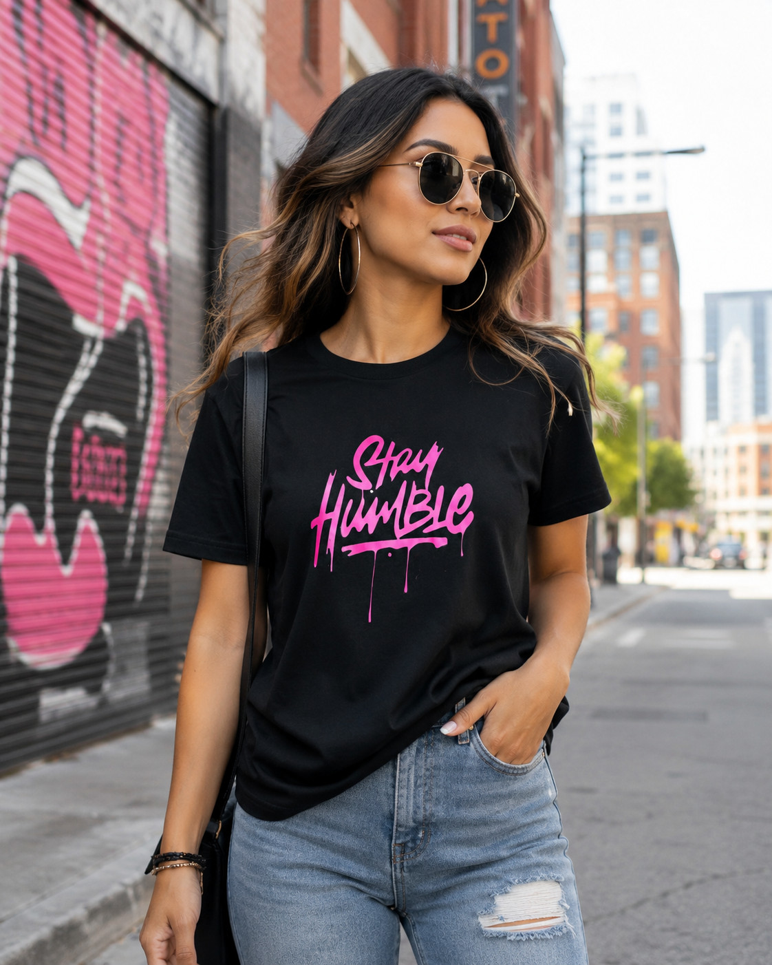 SHEIN Womens Large Stay Humble Grafitti Print Pink Graphic Tee Black or Gray New