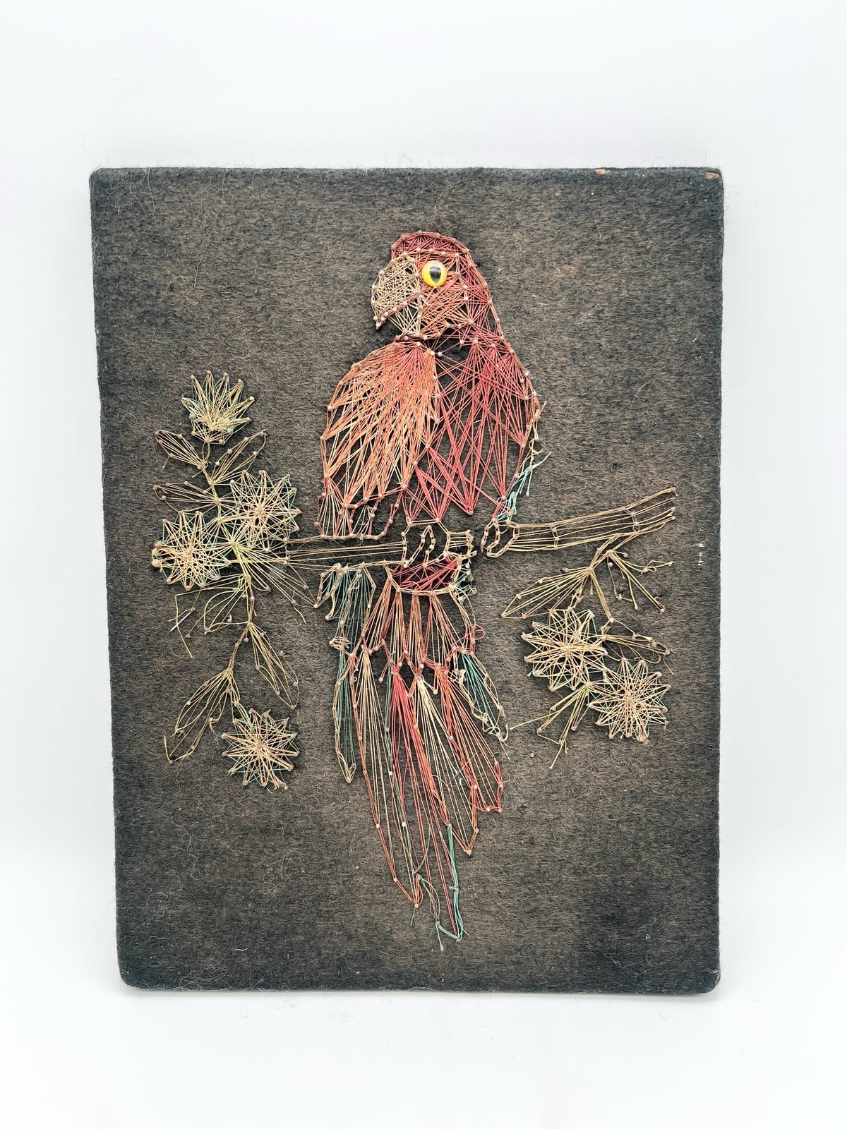 Vintage 70s Parrot String Art Wall Hanging Bird Thread Nail Art MCM Boho