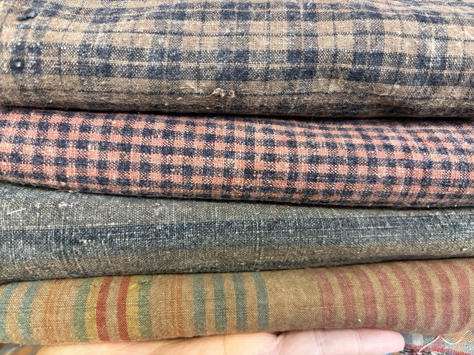 Vintage Handwoven Fabric Bundle Primitive Cotton Textile 4 Pieces Patchwork