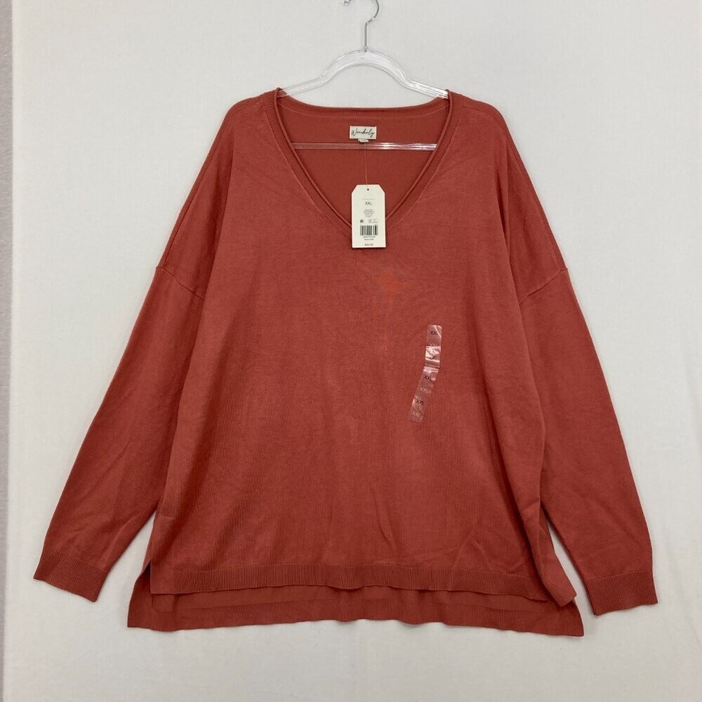 New Wonderly size XXL Rust Red V Neck Soft Knit Comfy Relaxed Pullover Sweater