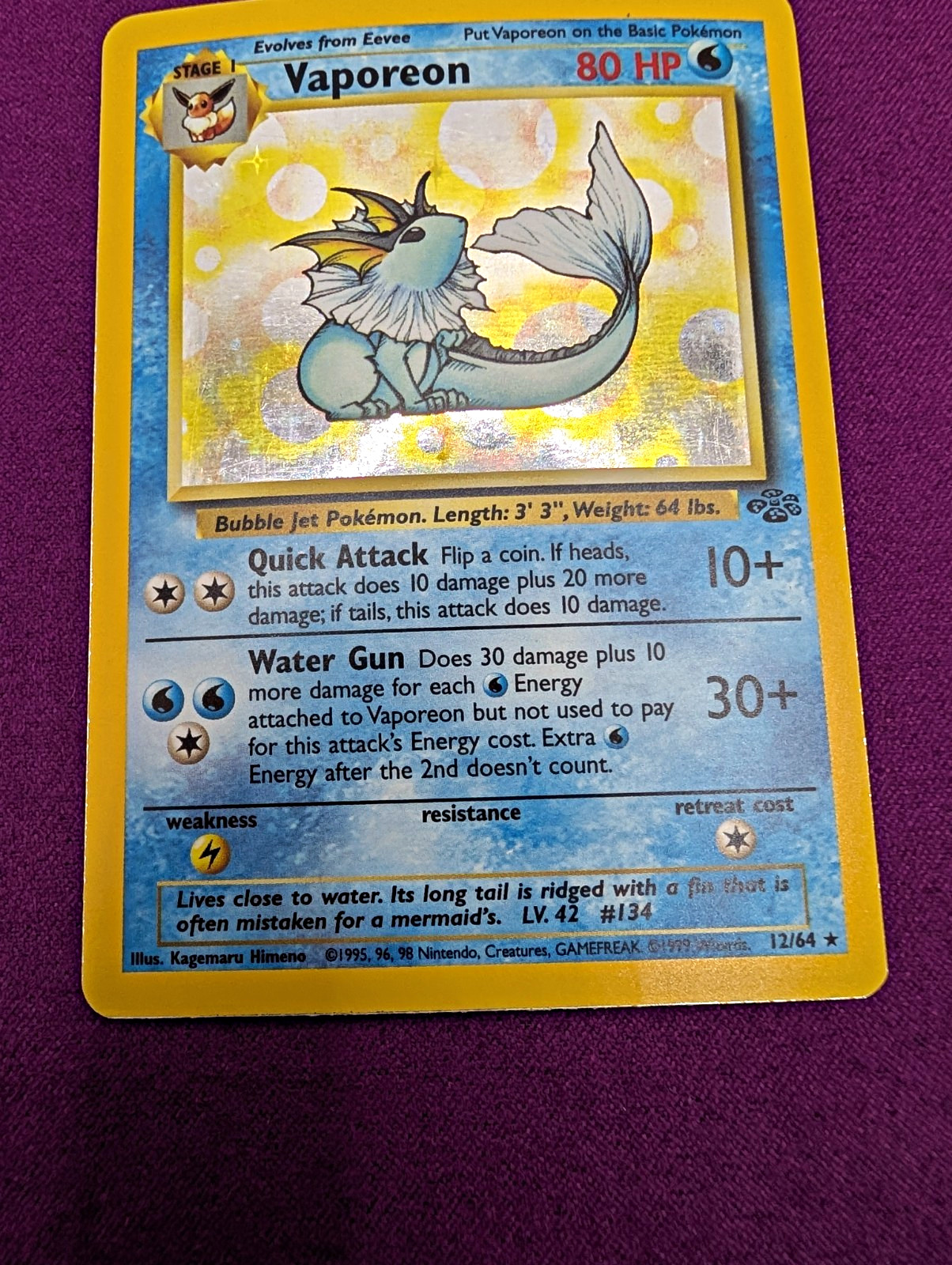 WOTC Vaporeon 12/64 Jungle Holo Rare 1999 English Pokemon TCG 80 HP