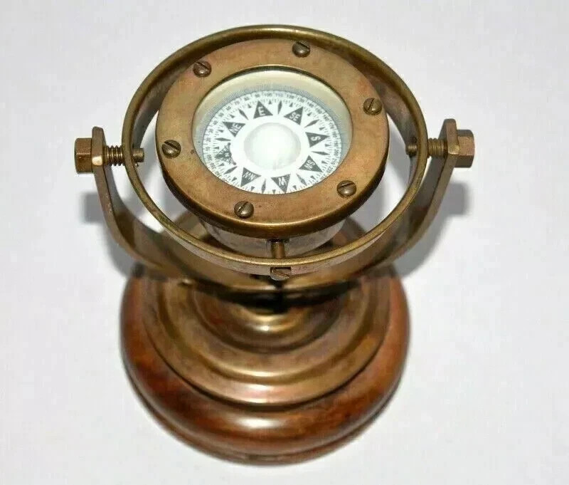 Antique brass nautical gimbal compass vintage ship binnacle gimballed