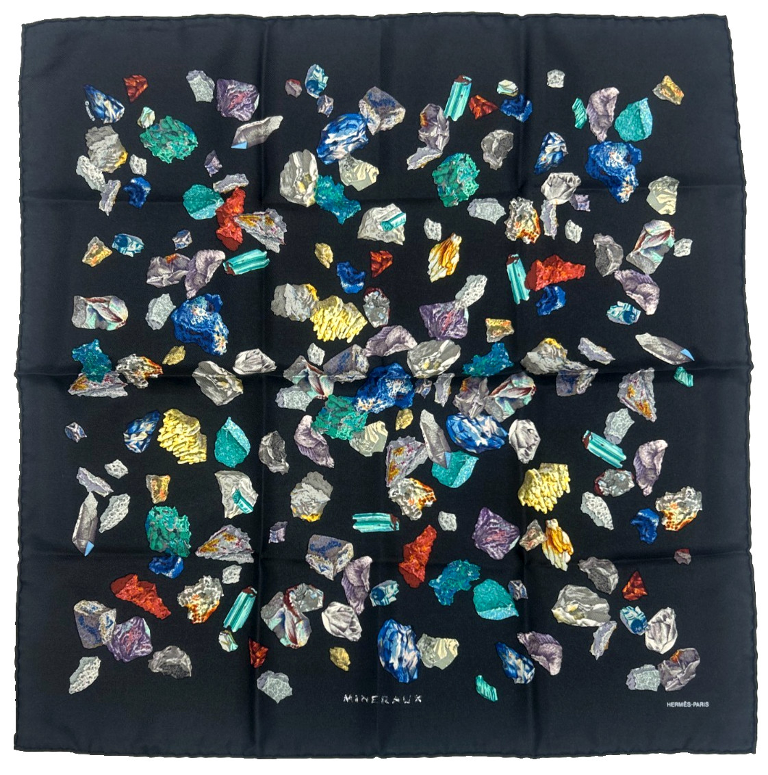 Hermes Scarf 100% Silk 45cm Gavroche \'Mineraux\' (gems) Black x Multicolor Carre Hermes Scarf 100% Silk 45cm Gavroche \'Mineraux\' (gems) Black x Multicolor Carre