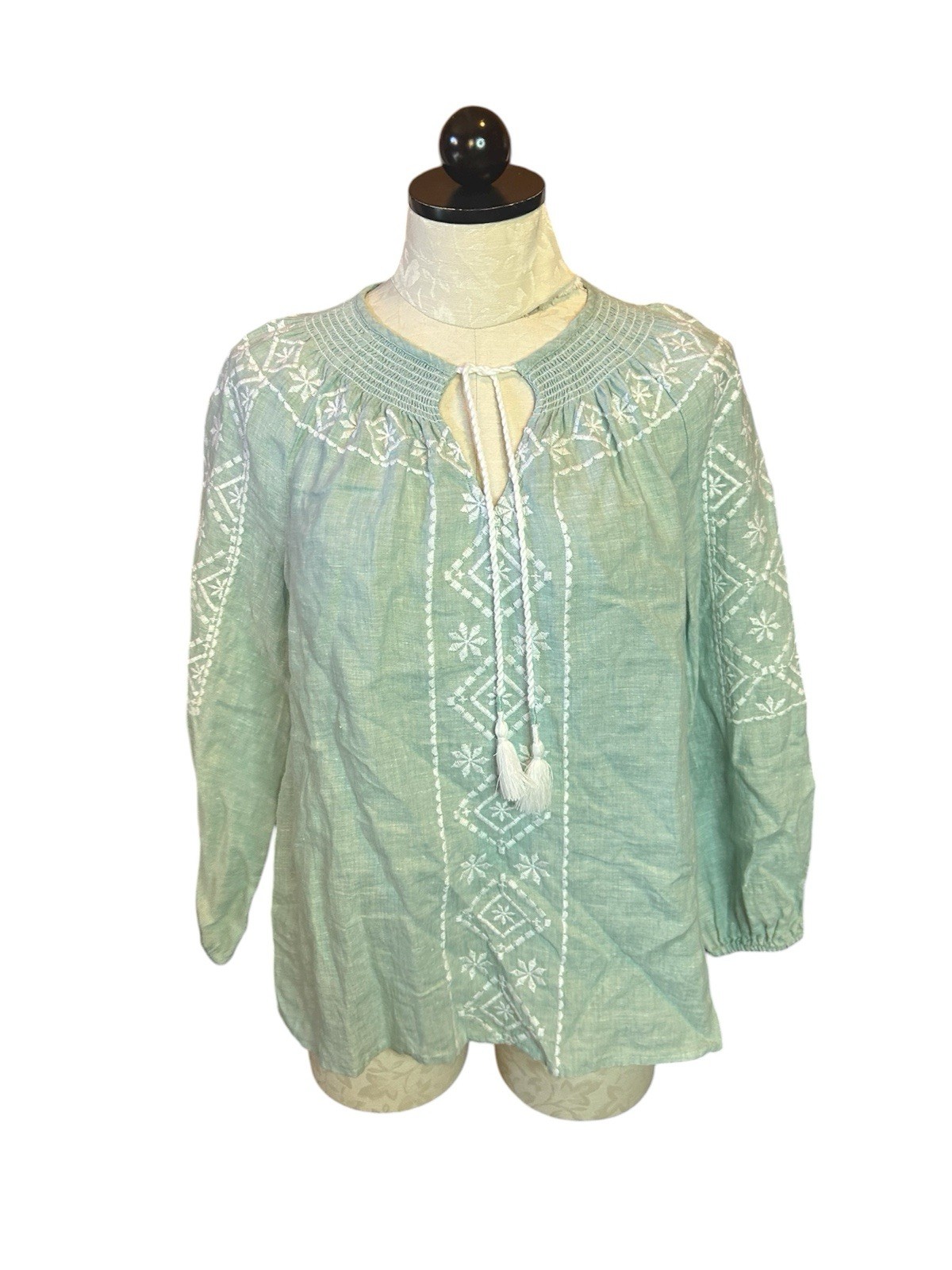 Joie Womens Blouse Boho Sz S 100% Linen Embroidered Pullover Green Tassels