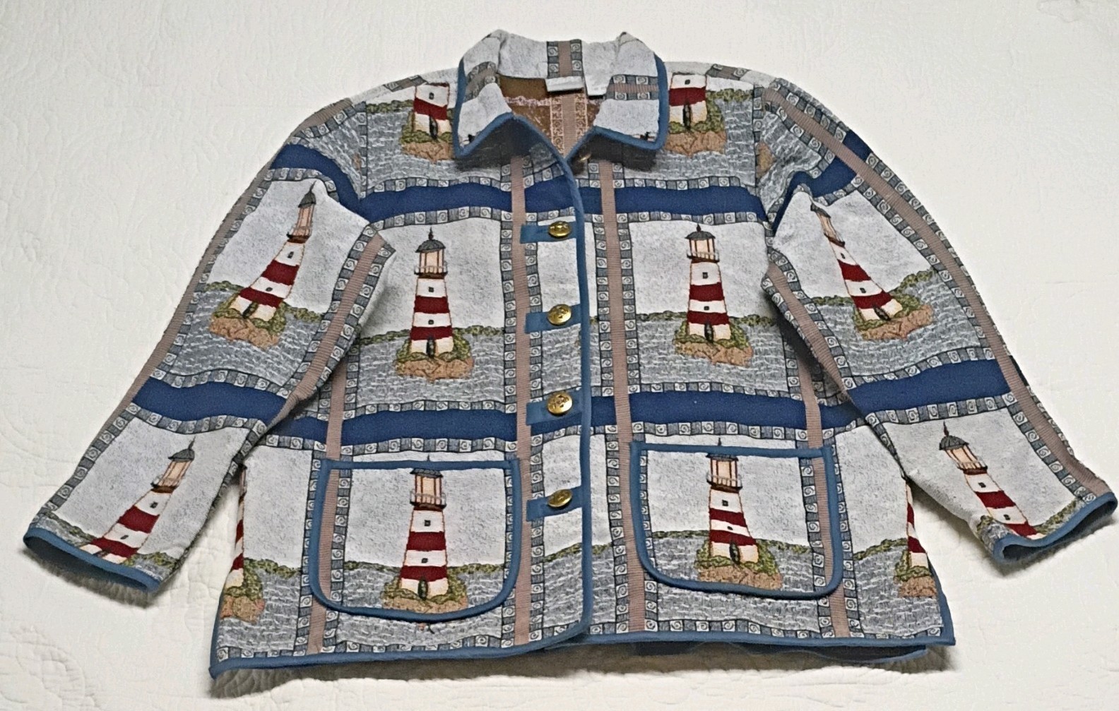 VTG Blair Jacket Large Nautical Coastal Tapestry Lighthouse Cottagecore Granny