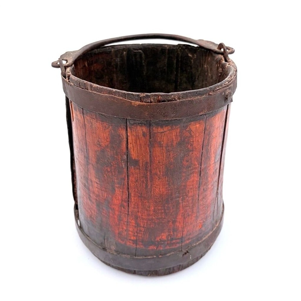 Antique Red Black Lacquered Wooden Well Bucket Chinese Qing Style