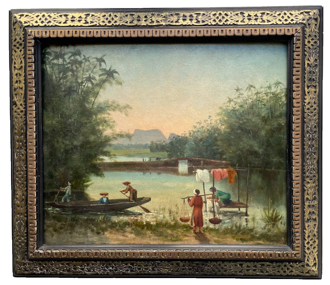 1890 Antique Oil Painting Haiphong Vietnam Tonkin Lach Tray River Sampan Signed