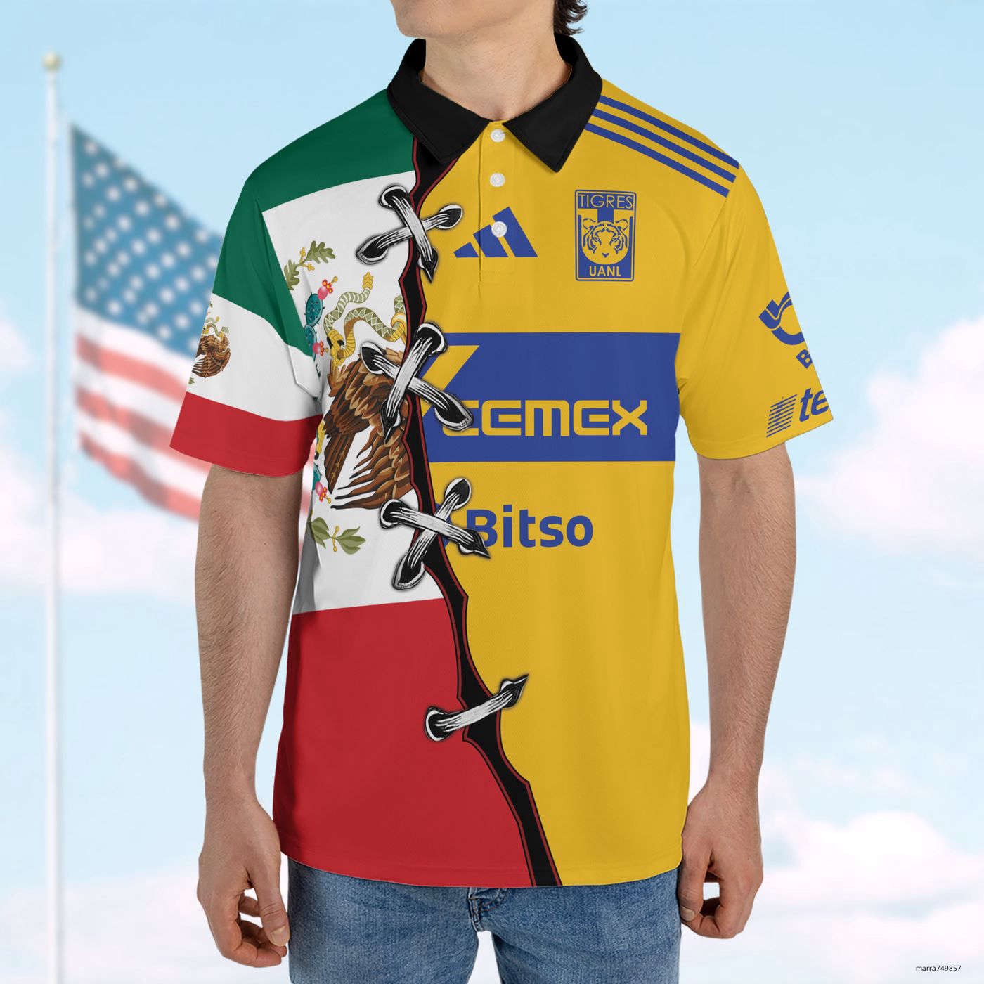 LIGAMX Tigres UANL Mix Mexico Flag Polo Camiseta de Futbol Soccer Jersey Shirt