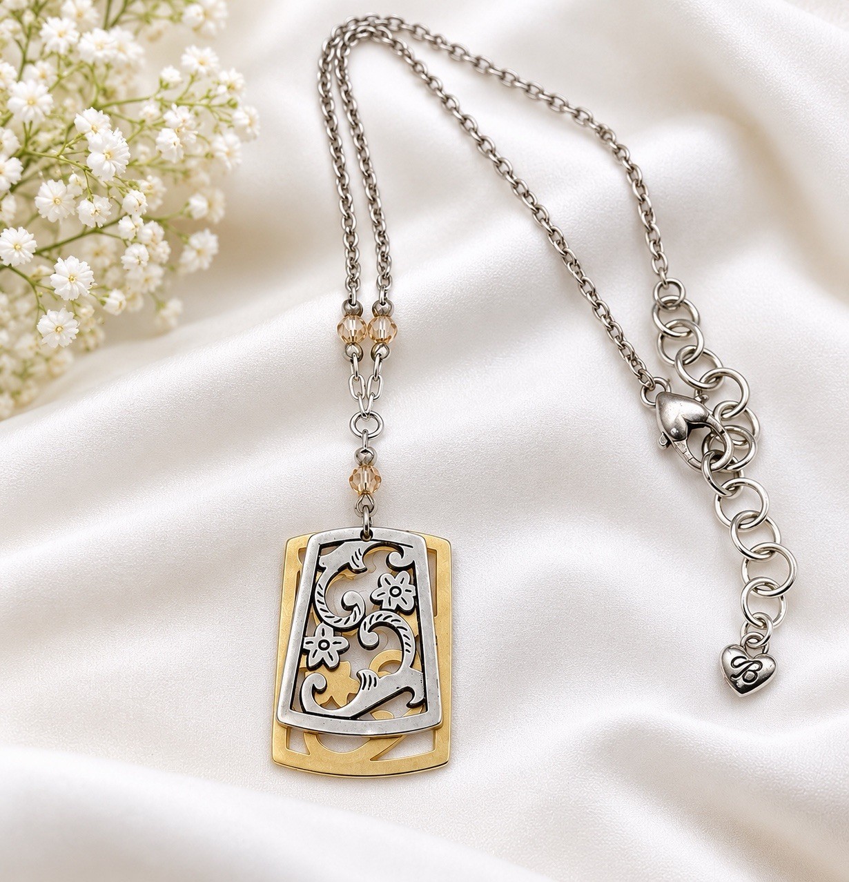 Brighton Phoebe’s Plaque Necklace Silver & Gold Tone Scroll Pendant Beaded Chain