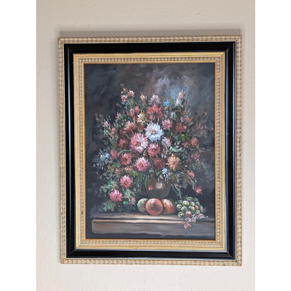Vintage Original Oil Painting on Canvas Signed Floral Still Life Framed 16x20\