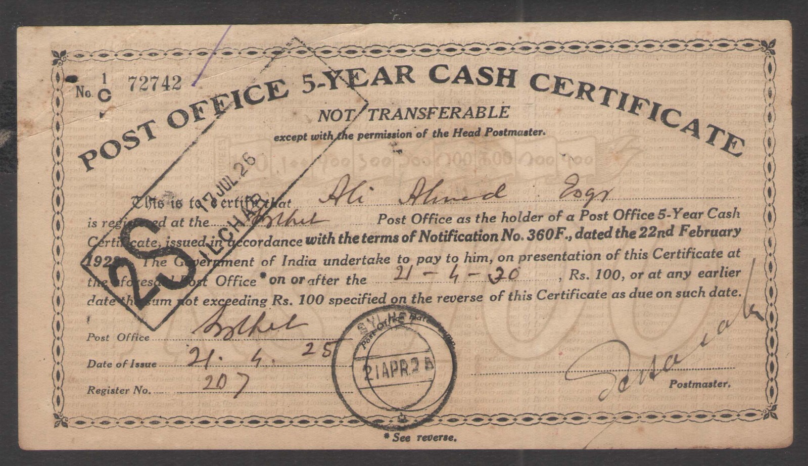 British India 1925 Post Office Cash Certificate for 100 Rupees Silchar used