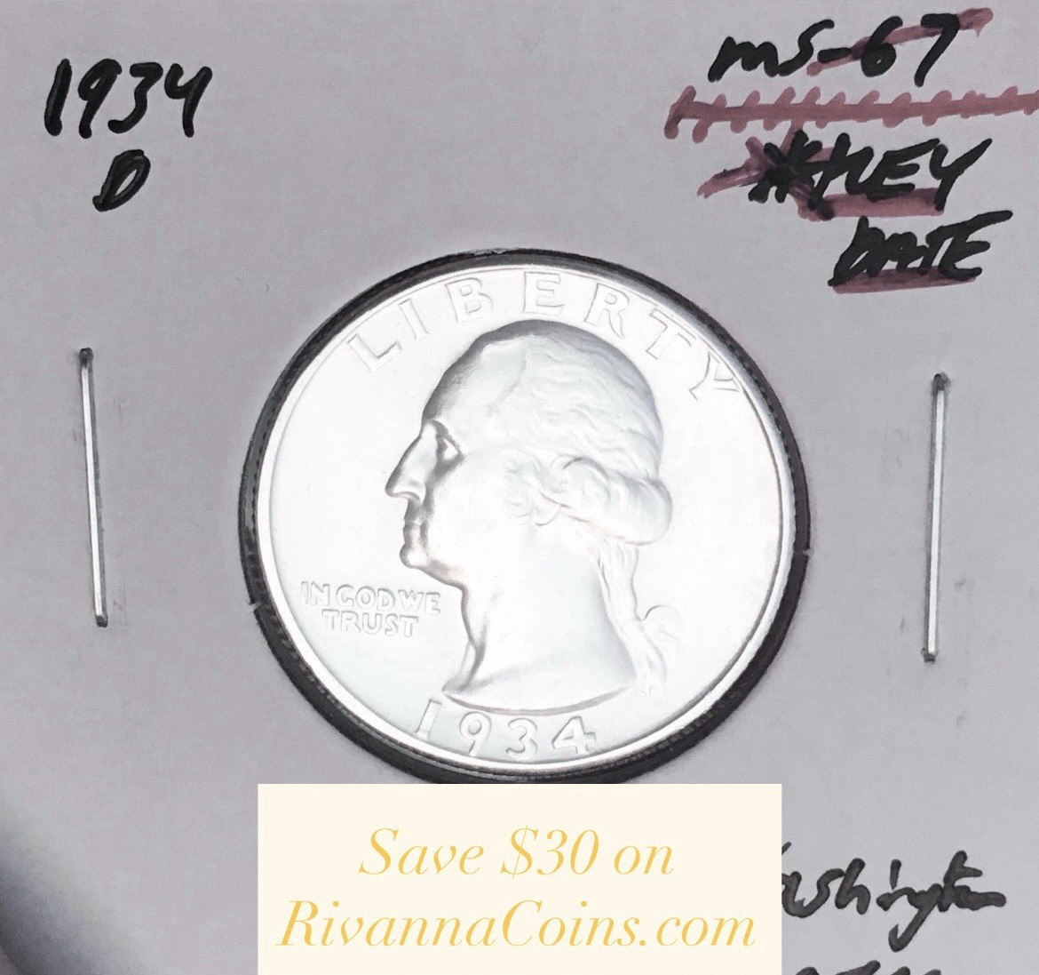 1934-D BRILLIANT UNCIRCULATED KEY DATE  U.S. WASHINGTON QUARTER.