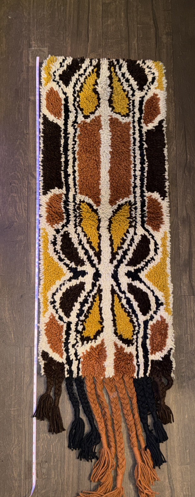 Vintage 70s MCM Fiber Art Wall Hanging Latch Hook Butterfly? Tassels Retro