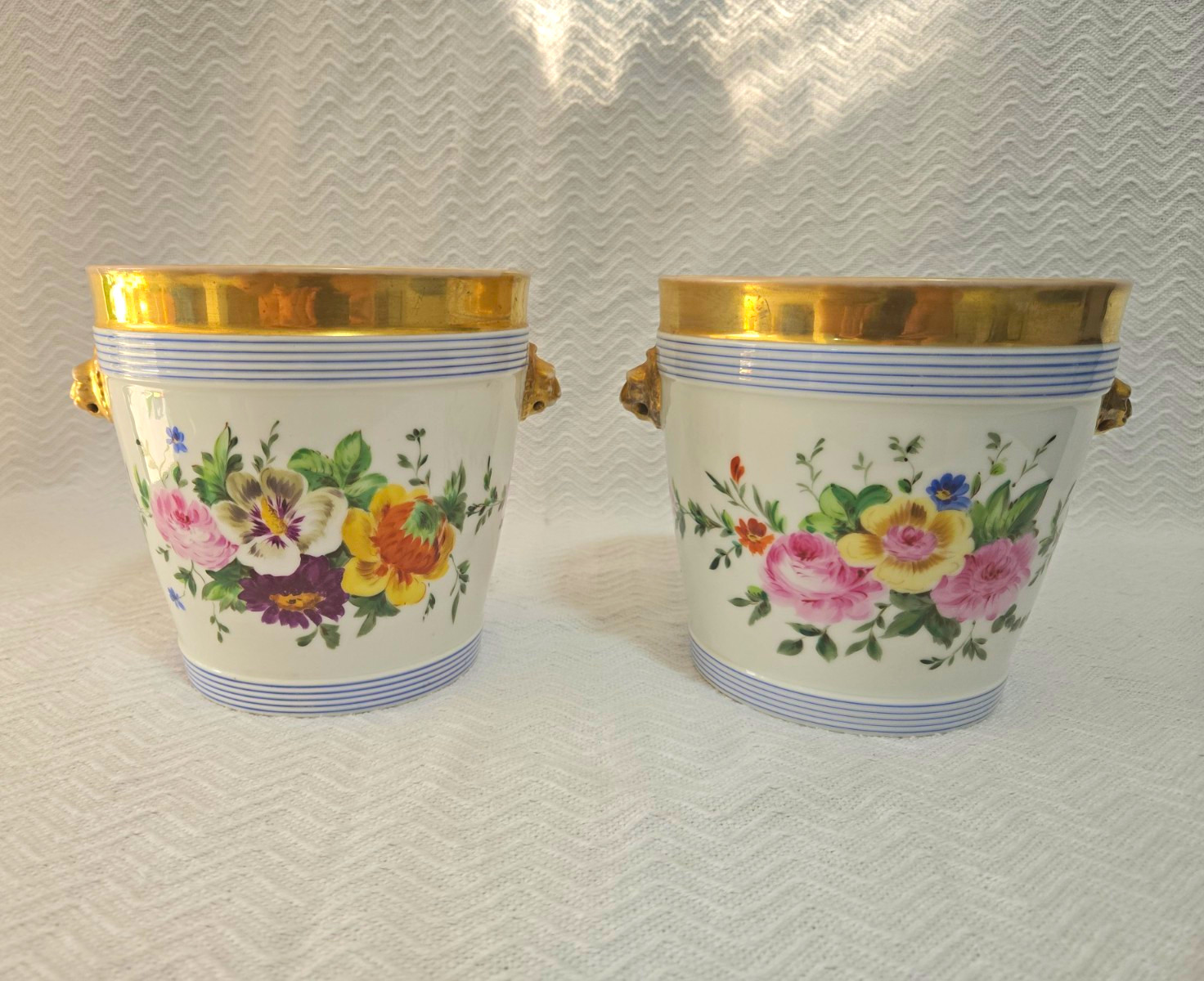 Pair Antique 19thC Paris Porcelain Floral Cachepots Planters Lion Mask Gilt
