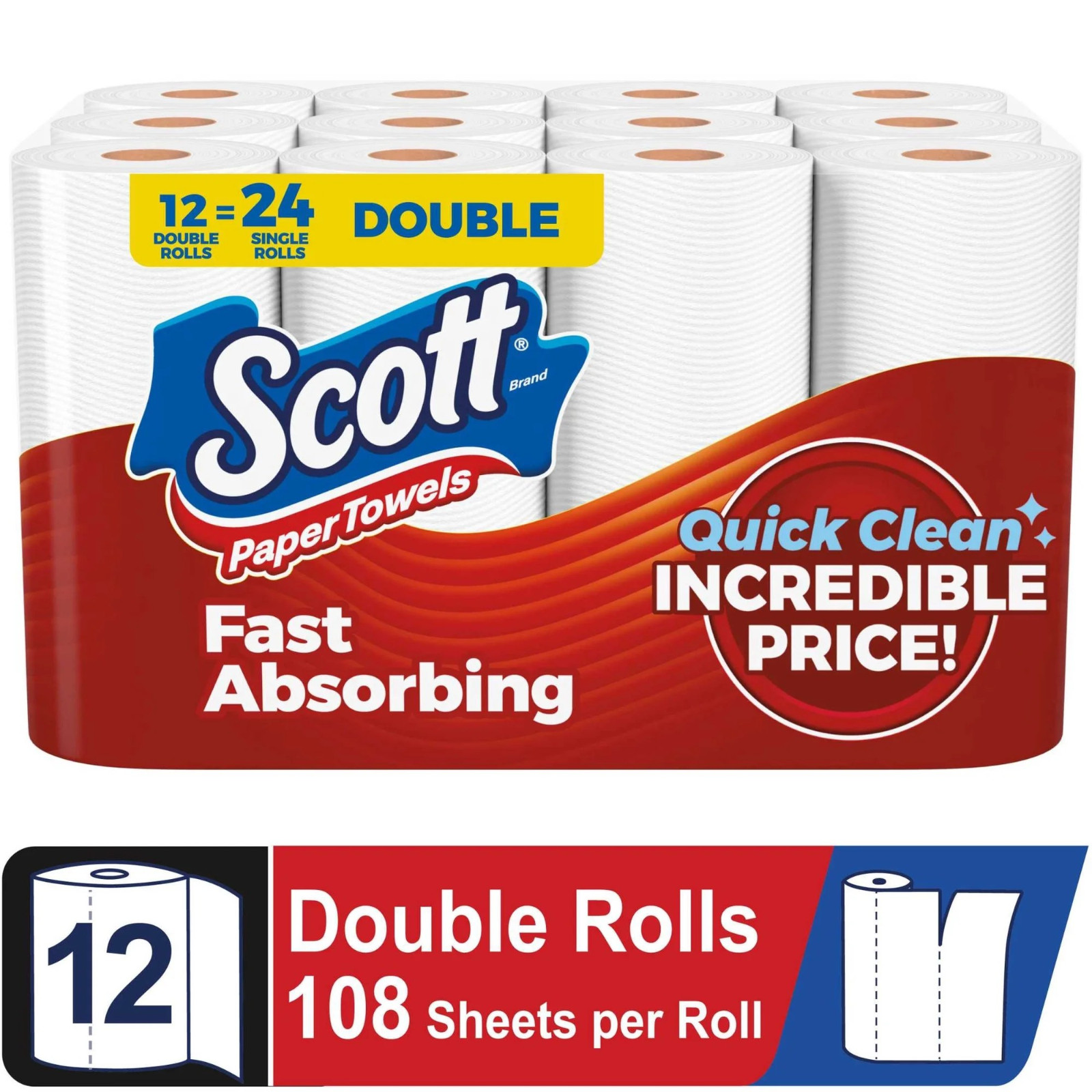 NEW Scott Paper Towels Bulk 24 Regular Rolls 12 Double Rolls White