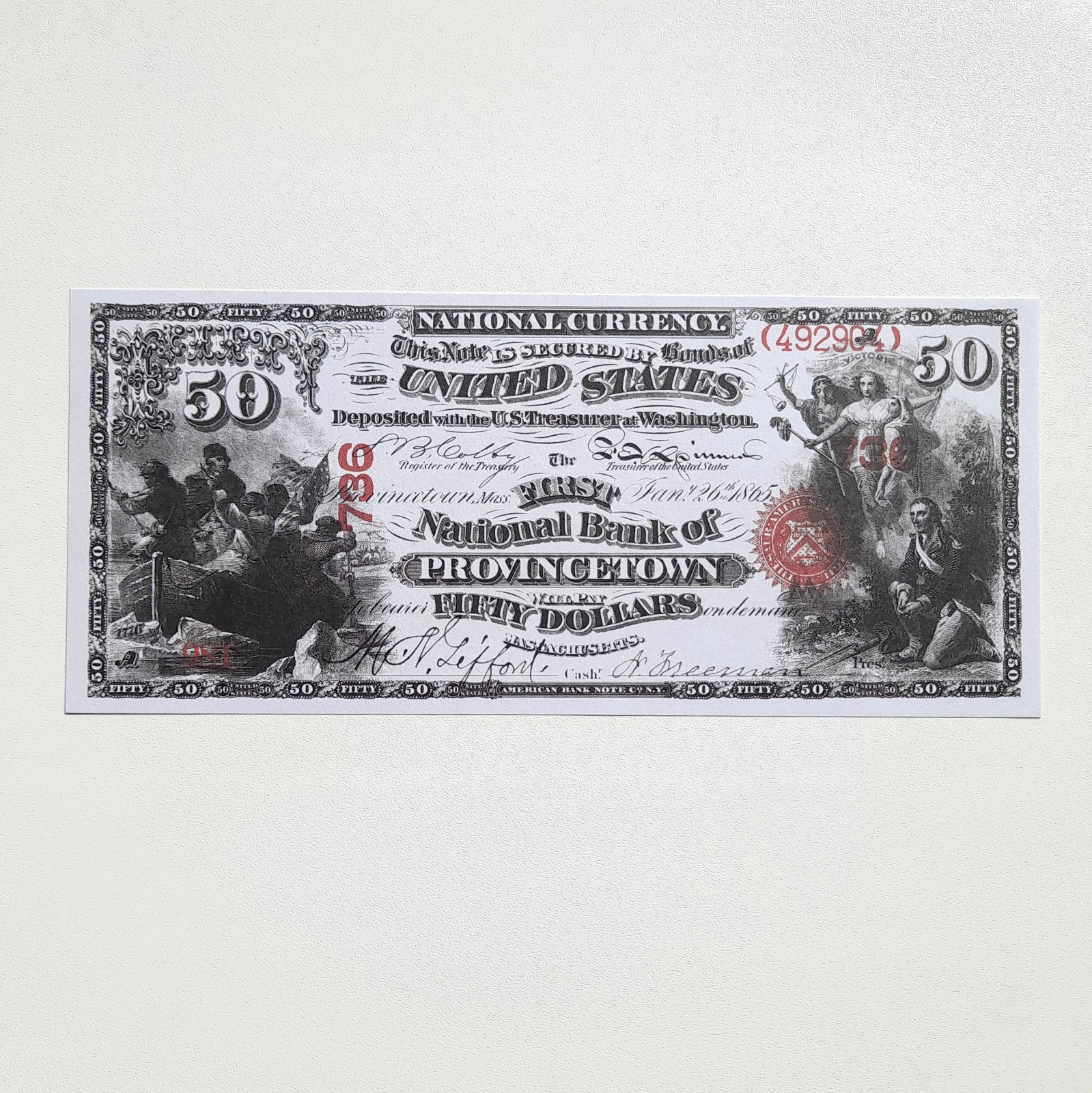1865 US $50 Provincetown MA National Bank Currency Bill Note Reproduction Fr 442
