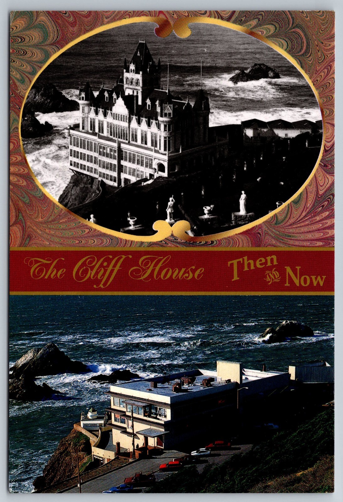 Postcard F 12, Cliff House, Then and Now, Orignal Burned Down in 1907