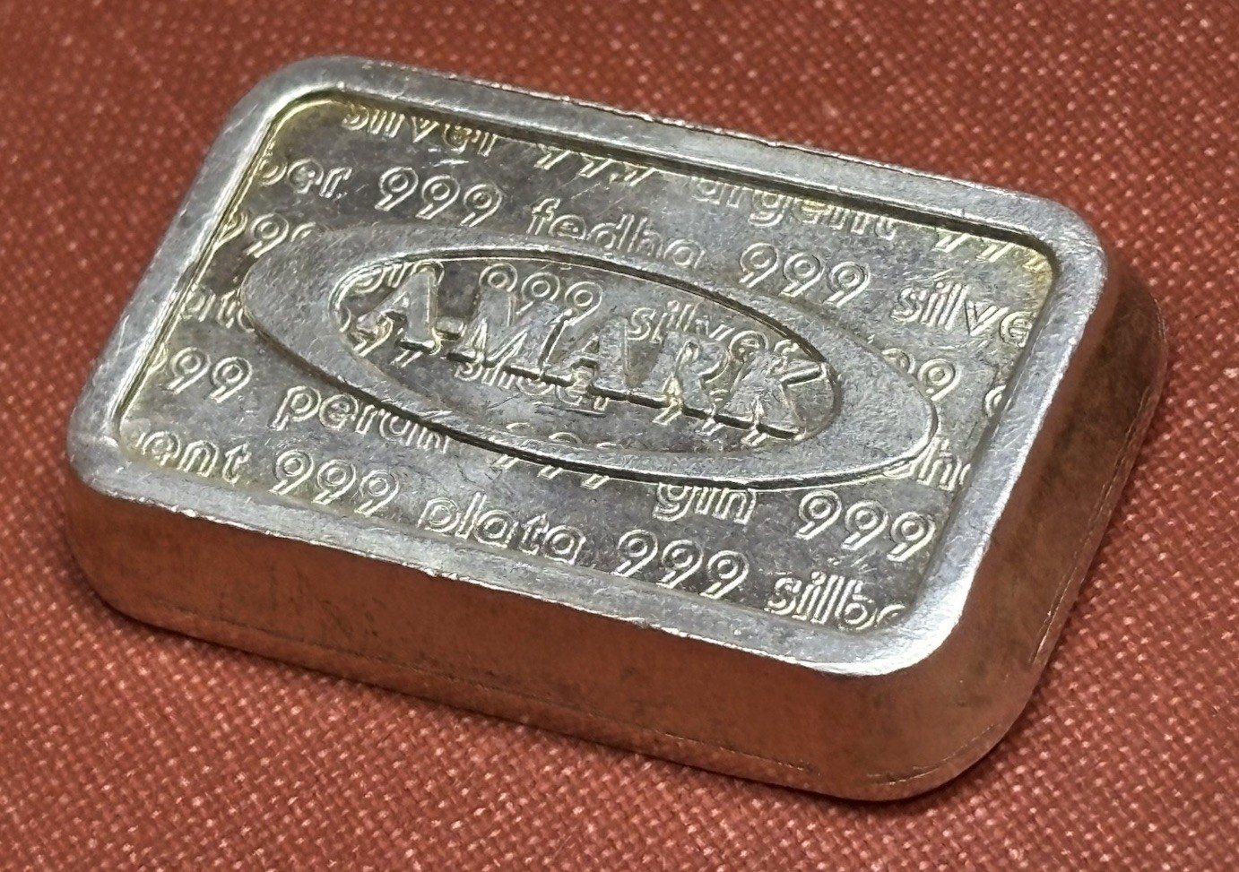 RARE 1981 A-MARK 1oz Chunky Silver Ingot A158S Raised Assay Cartouche Error