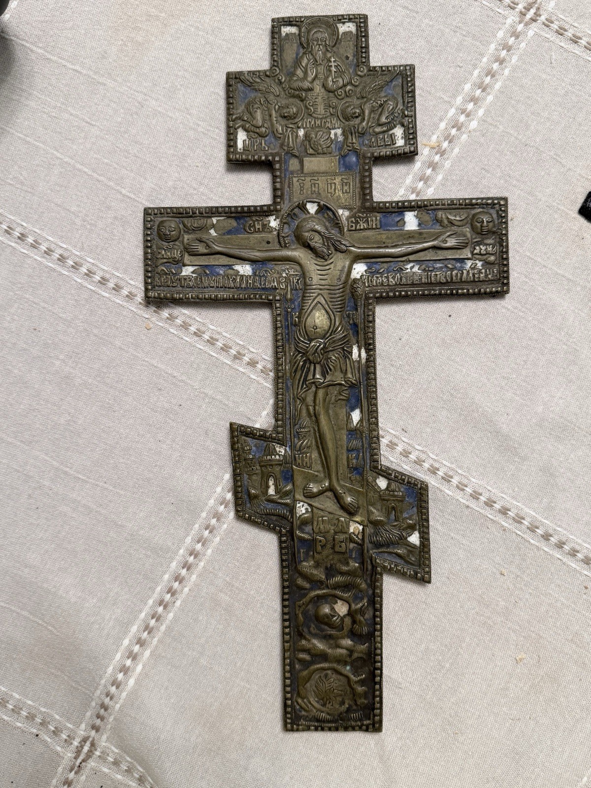 Antique Russian Orthodox Bronze & Enamel Crucifix - Old Believer Style