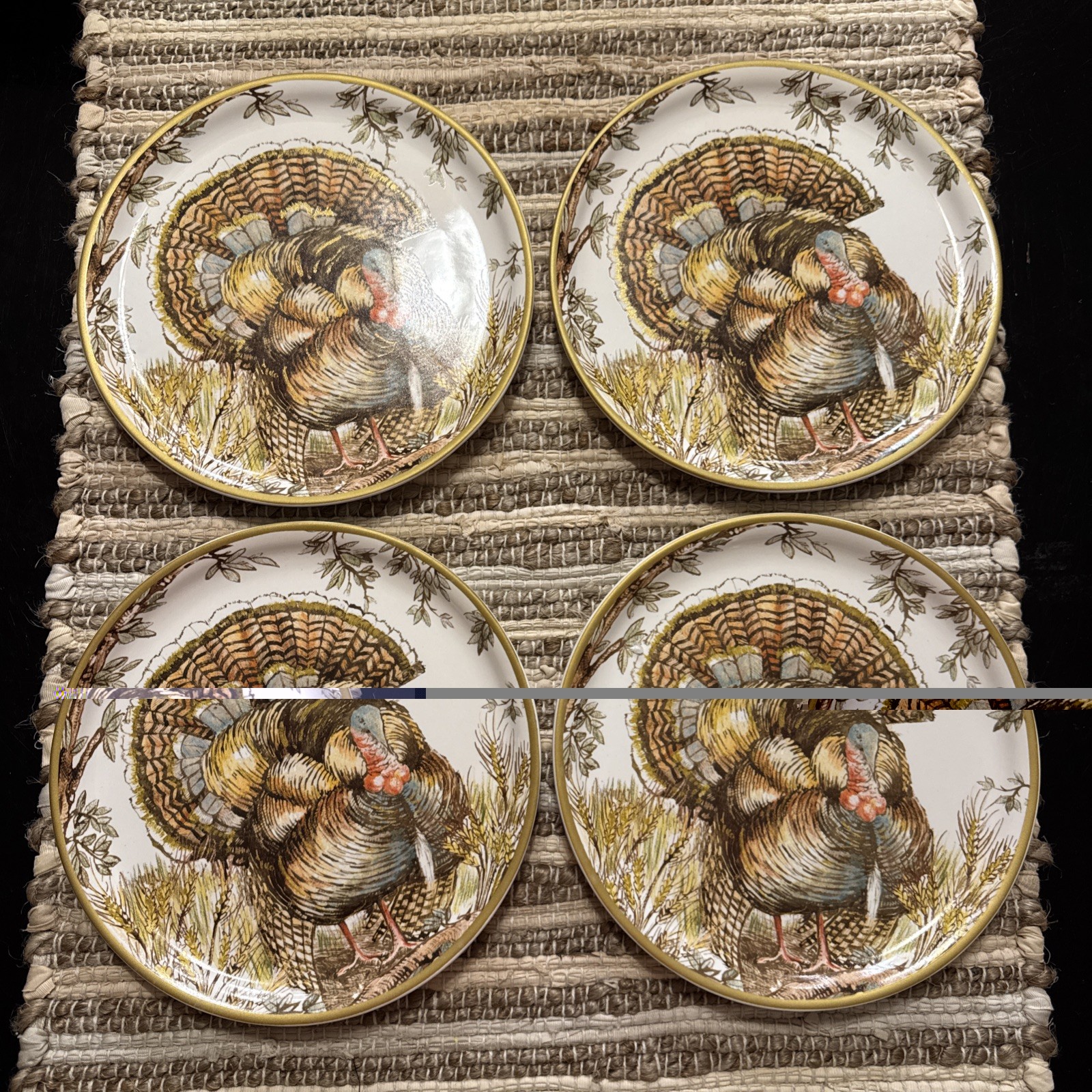 Williams Sonoma Wheat Tree Turkey  Plates 8.75” Set of 4 NEW