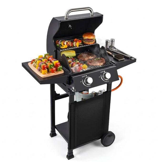 Garvee 2-Burner Propane Gas Grill – 16,000 BTU Matte Black BBQ Cart Grill with C