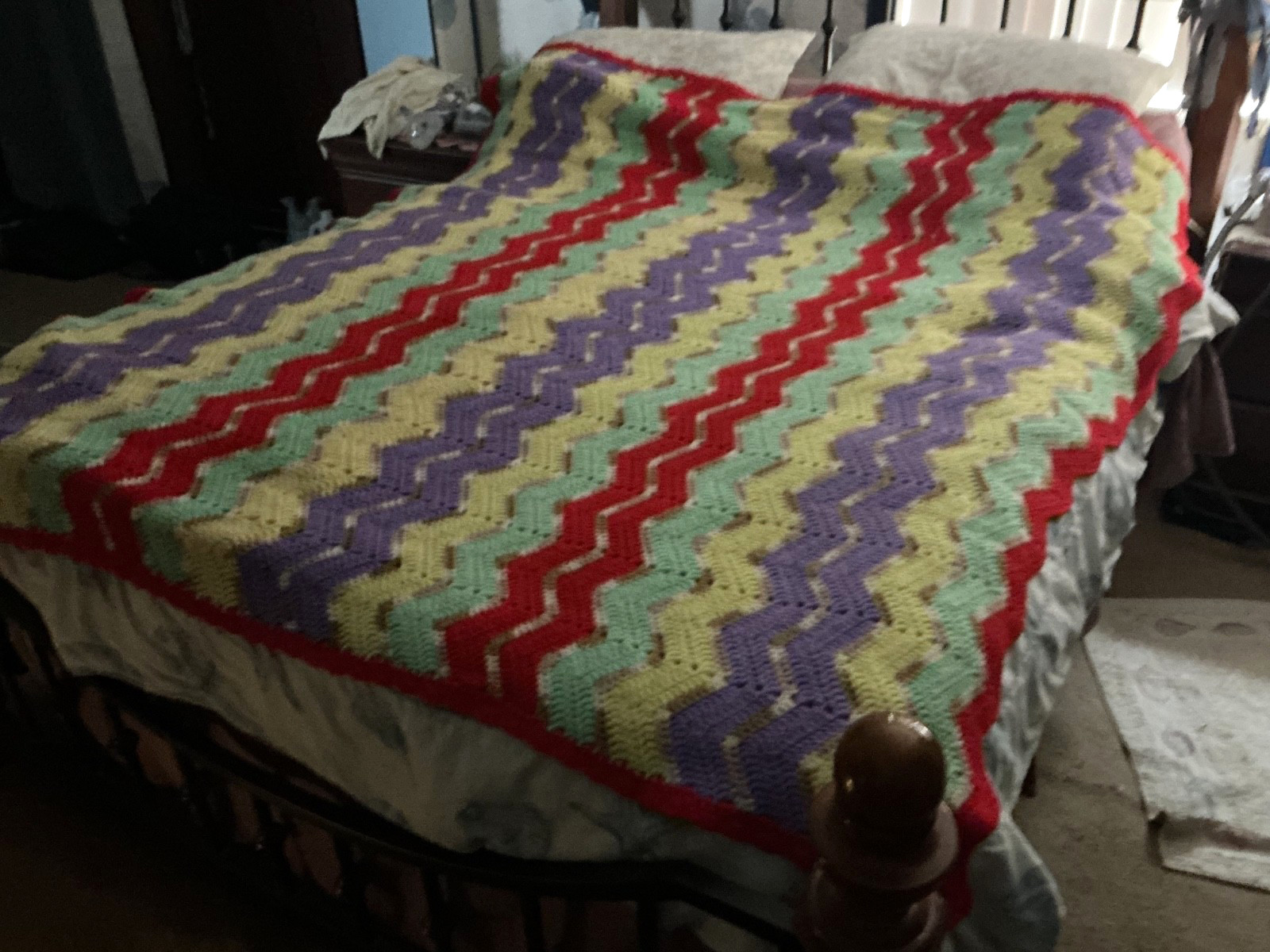 hand made large colorful Afghan or cover 70” X 64” detailed design great value