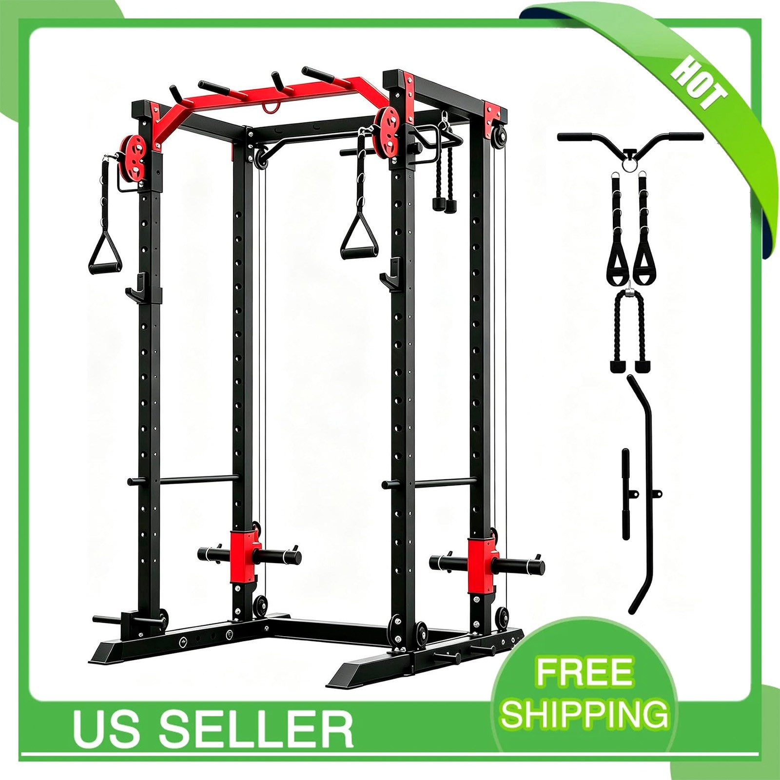 🍂2000LBS Squat Rack with Pulley System Home Gym, Power Cage with Cable Machine
