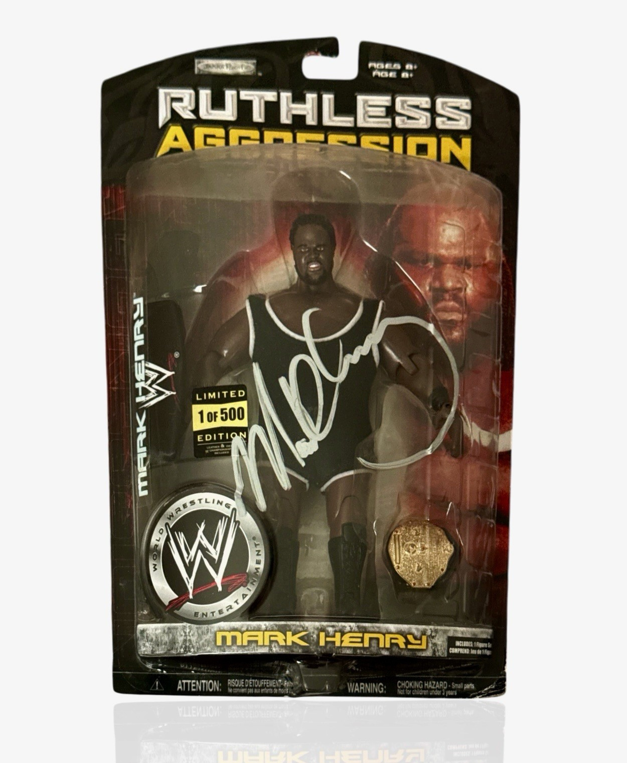 WWE MARK HENRY SIGNED 1 OF 500 RUTHLESS AGGRESSION 30 TOY WITH LEATHER BELT