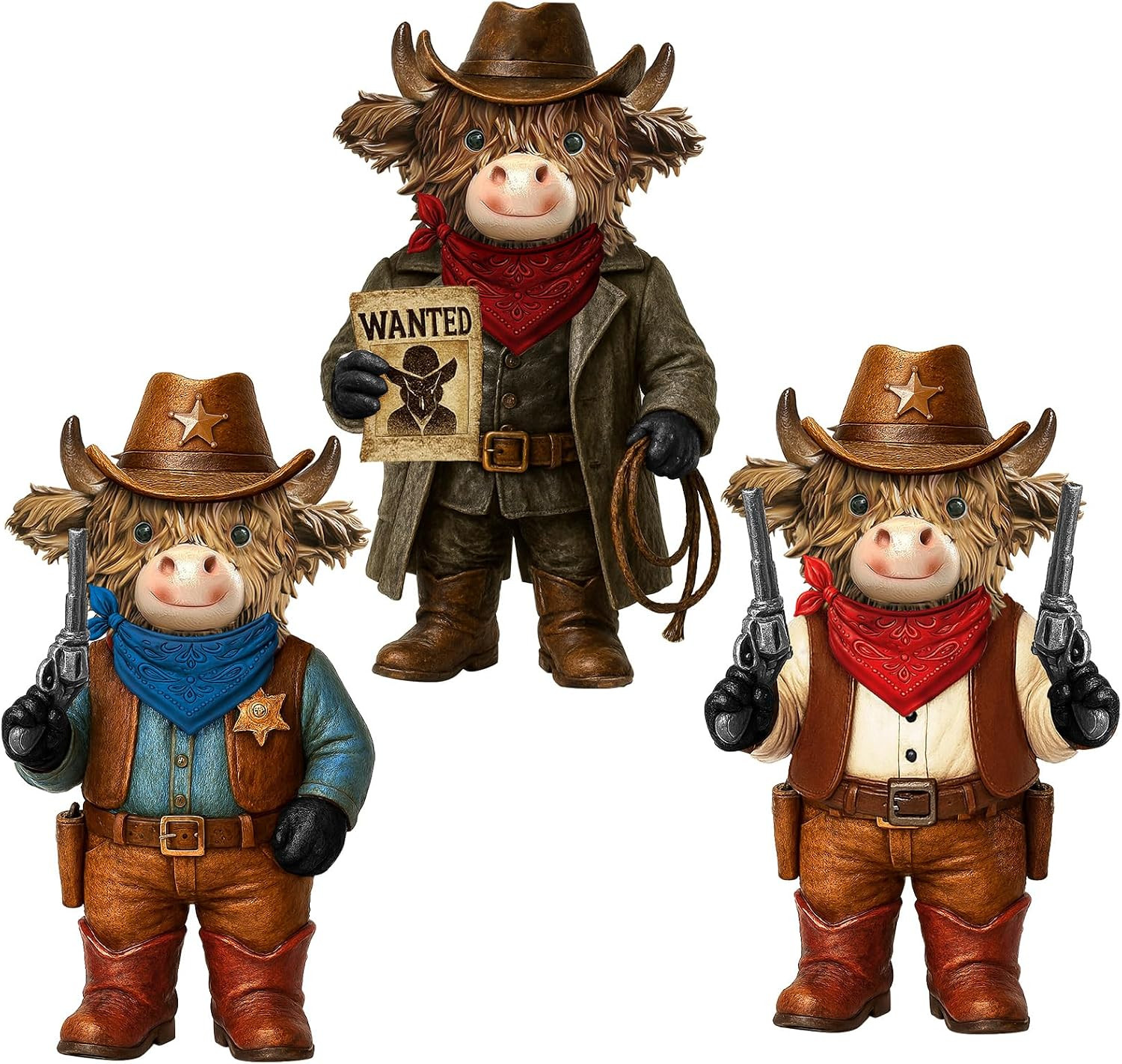 3 Pcs Highland Cow Resin Figurine, Western Cowboy Decor