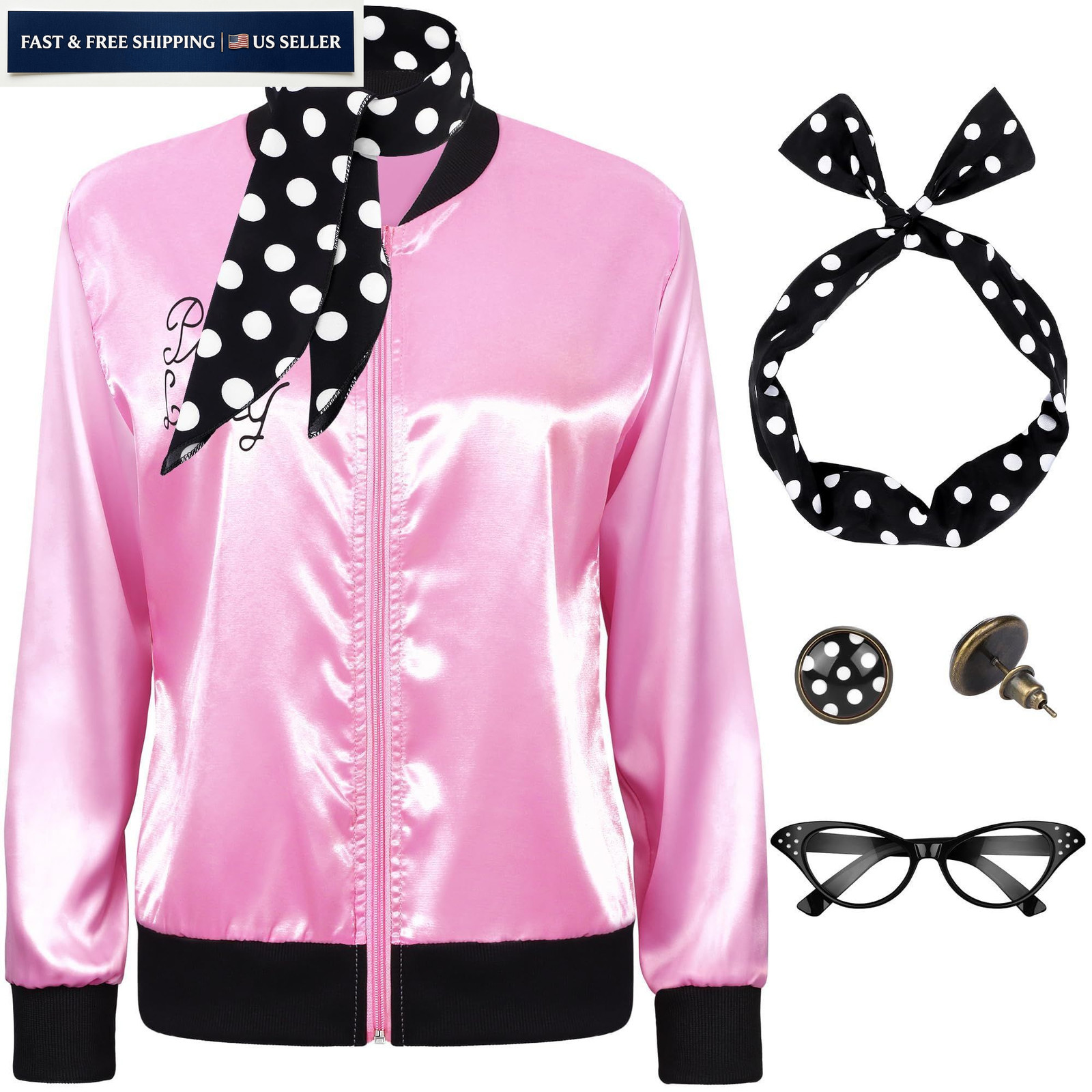 SOMSOC 5 Pieces 1950s Women Pink Satin Jacket with Polka Dot Large,