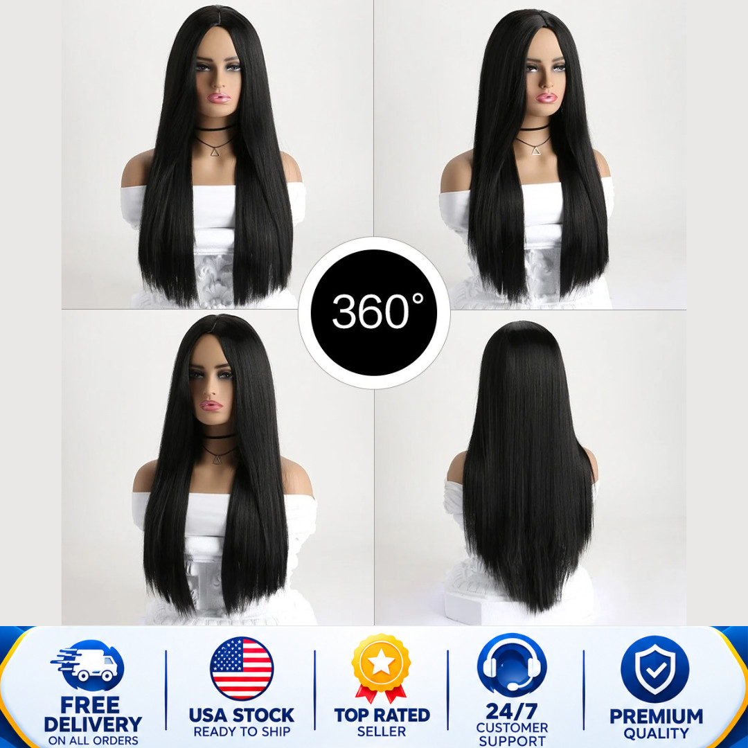 Long Straight Black Synthetic Wig, Natural Look Full Wig, 26 Inch Halloween Cosp Long Straight Black Synthetic Wig, Natural Look Full Wig, 26 Inch Halloween Cosp