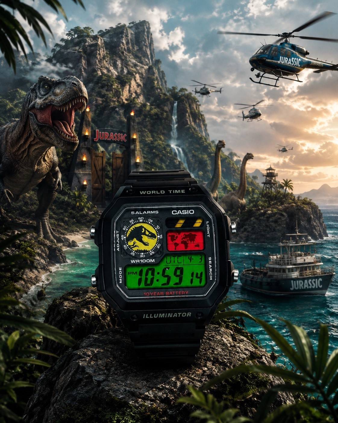 Custom Black Casio AE-1200 “Jurassic Park” Inspired Digital Watch