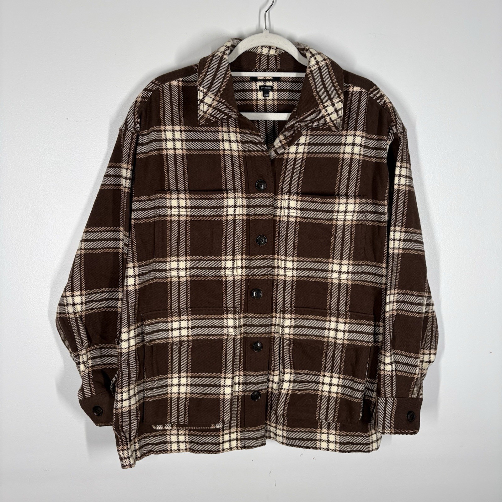Madewell Women L Brown Plaid Flannel Cotton Oversized Shirt-Jacket NWOT