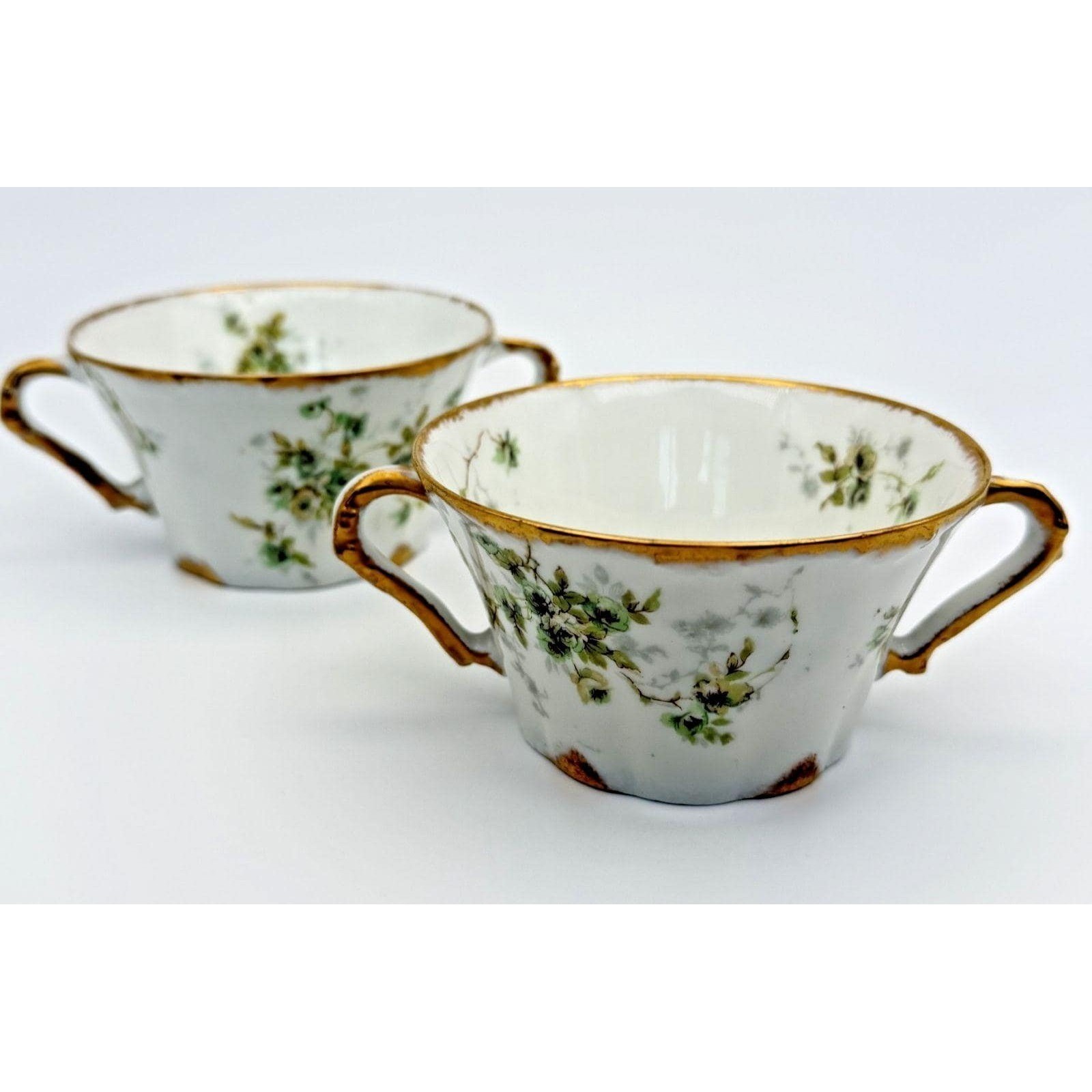 Theodore Haviland Limoges Flat Bouillon Cup Set 2 Green Roses 150B Bowls France Theodore Haviland Limoges Flat Bouillon Cup Set 2 Green Roses 150B Bowls France