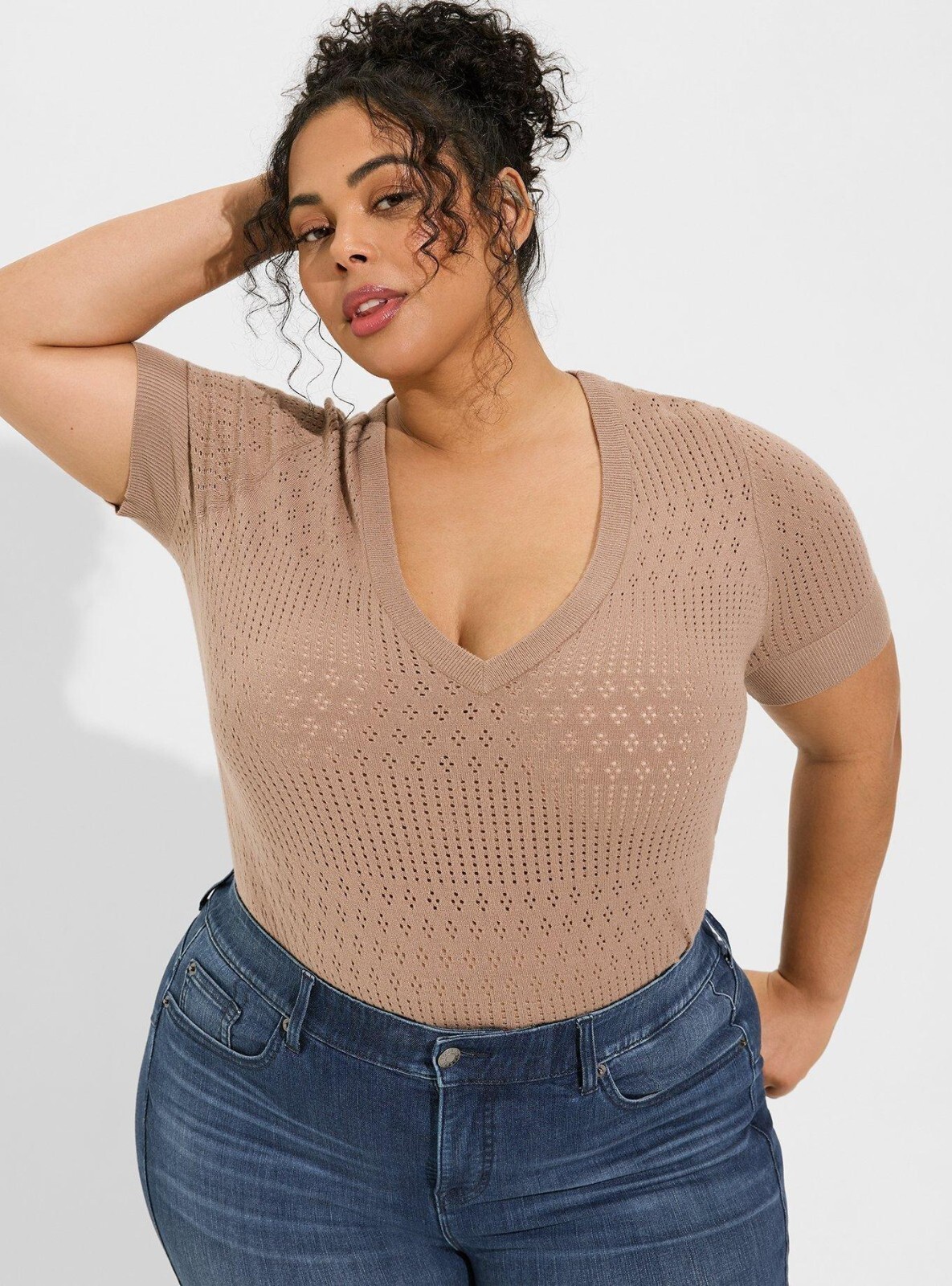 Torrid Plus 1X Soft Pointelle V-Neck Sweater Short Sleeve Pullover Taupe NWT Torrid Plus 1X Soft Pointelle V-Neck Sweater Short Sleeve Pullover Taupe NWT