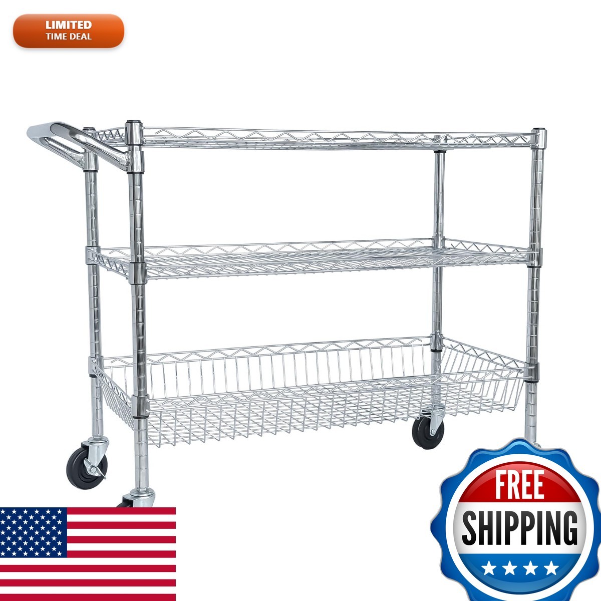 Trygoal 3-Tier Adjustable Rolling Utility Cart 4\'\' Wheels Push-Bar Chrome Trygoal 3-Tier Adjustable Rolling Utility Cart 4\'\' Wheels Push-Bar Chrome