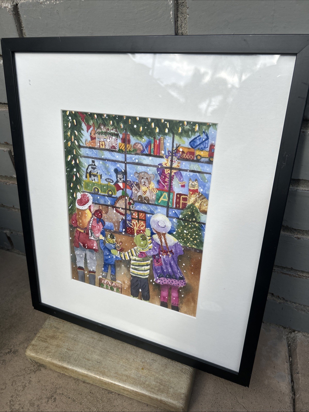 Children At Christmas Watercolor Painting Toy Store Window Framed 14” X 16” Children At Christmas Watercolor Painting Toy Store Window Framed 14” X 16”