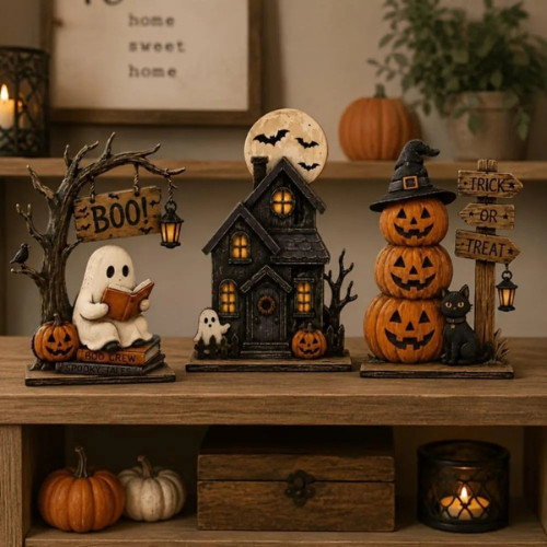 3pc Halloween Decor Set Haunted House Ghost Pumpkin Tabletop Statue Centerpiece 3pc Halloween Decor Set Haunted House Ghost Pumpkin Tabletop Statue Centerpiece