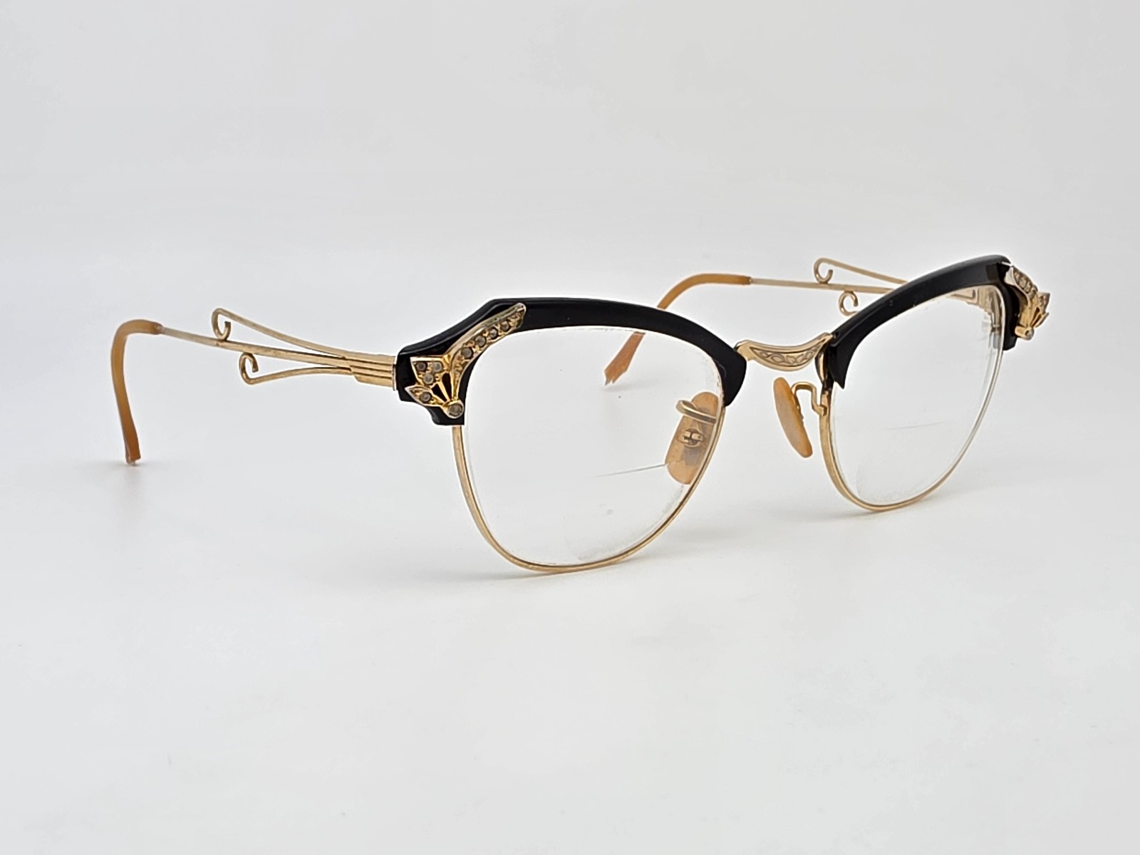 Bausch & Lomb Vintage 1950s 12K Gold Filled Jeweled Cat Eye Eyeglasses 46-22-117