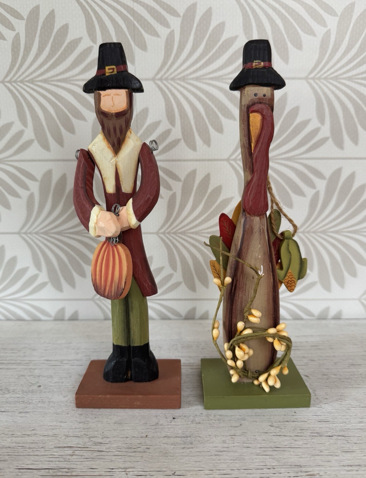 Primitive Wooden Pilgrim & Turkey Figurines Set of 2 Thanksgiving Decor
