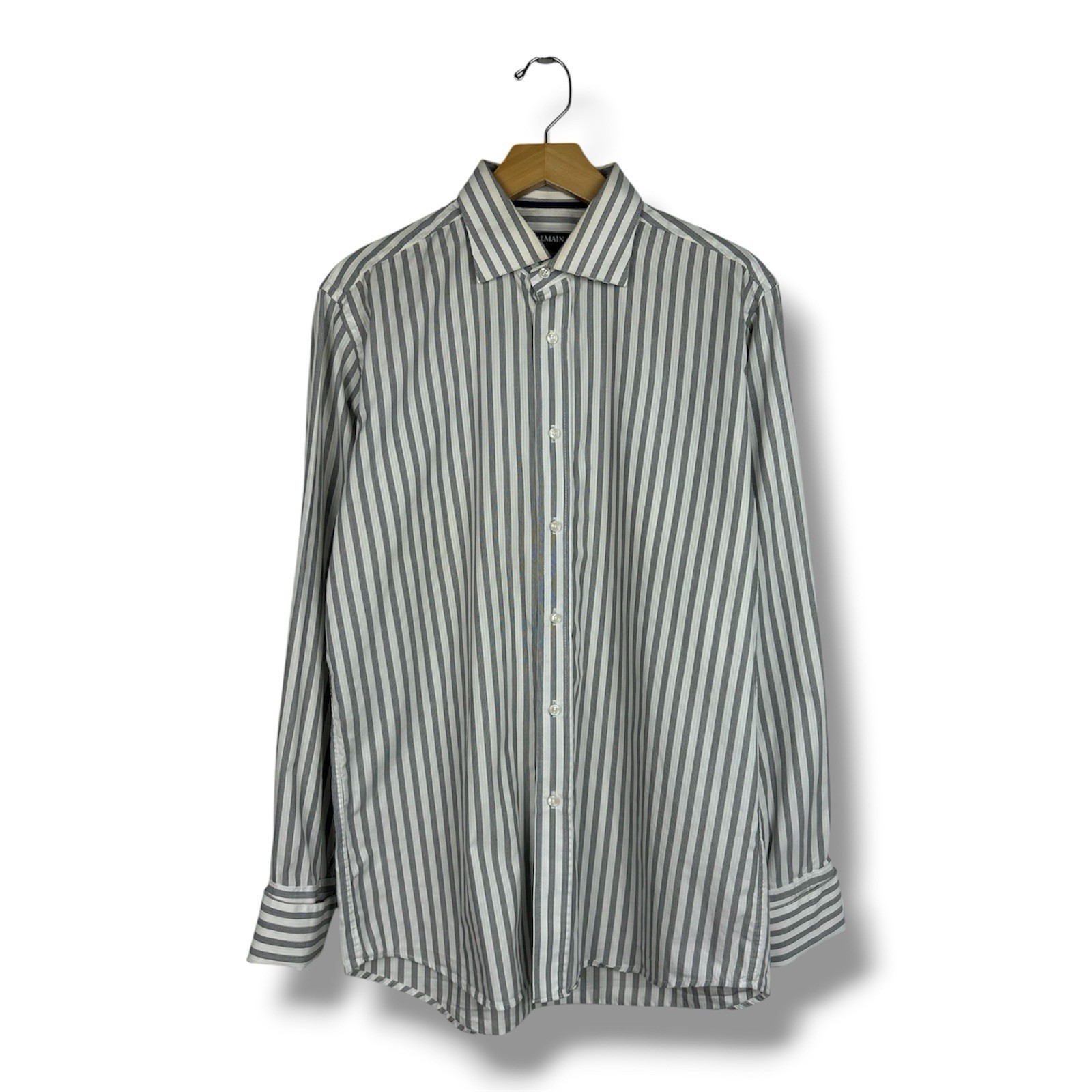 Balmain Homme Men’s Size XL Striped Shirt Long Sleeve French Cuffs Gray White