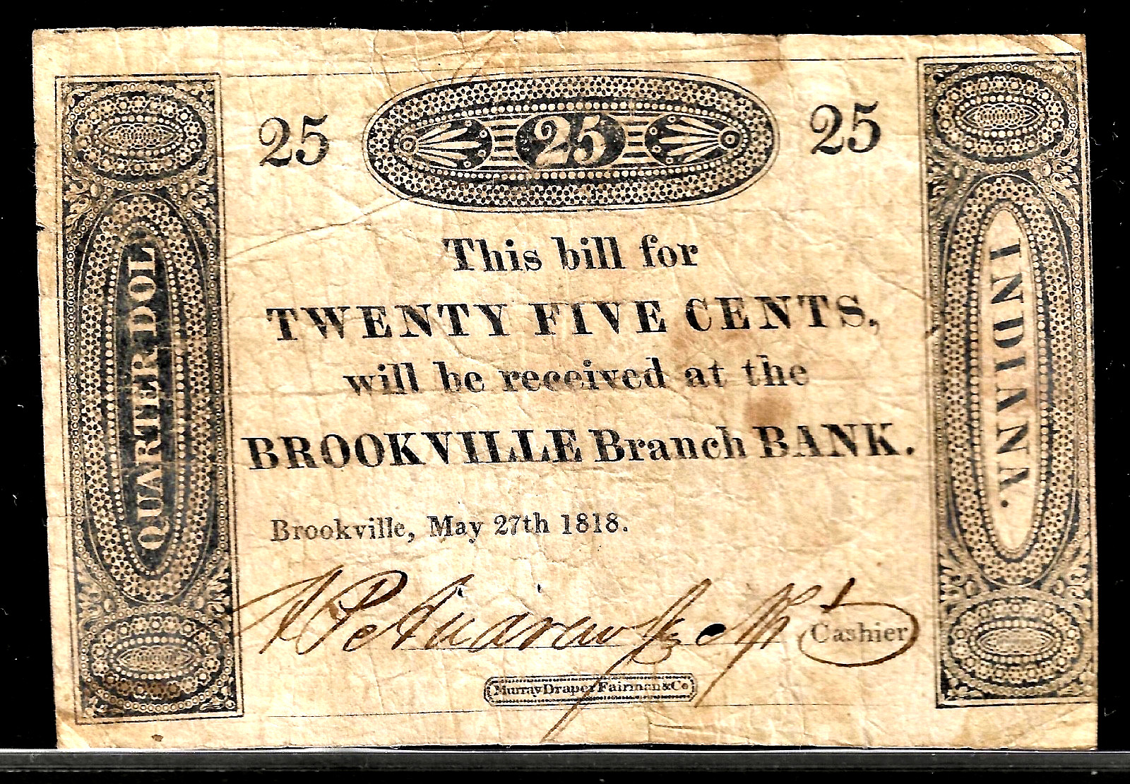 May 27, 1818 Brookeville State Bank Indiana Bank of Vincennes 25 Cents Obsolete