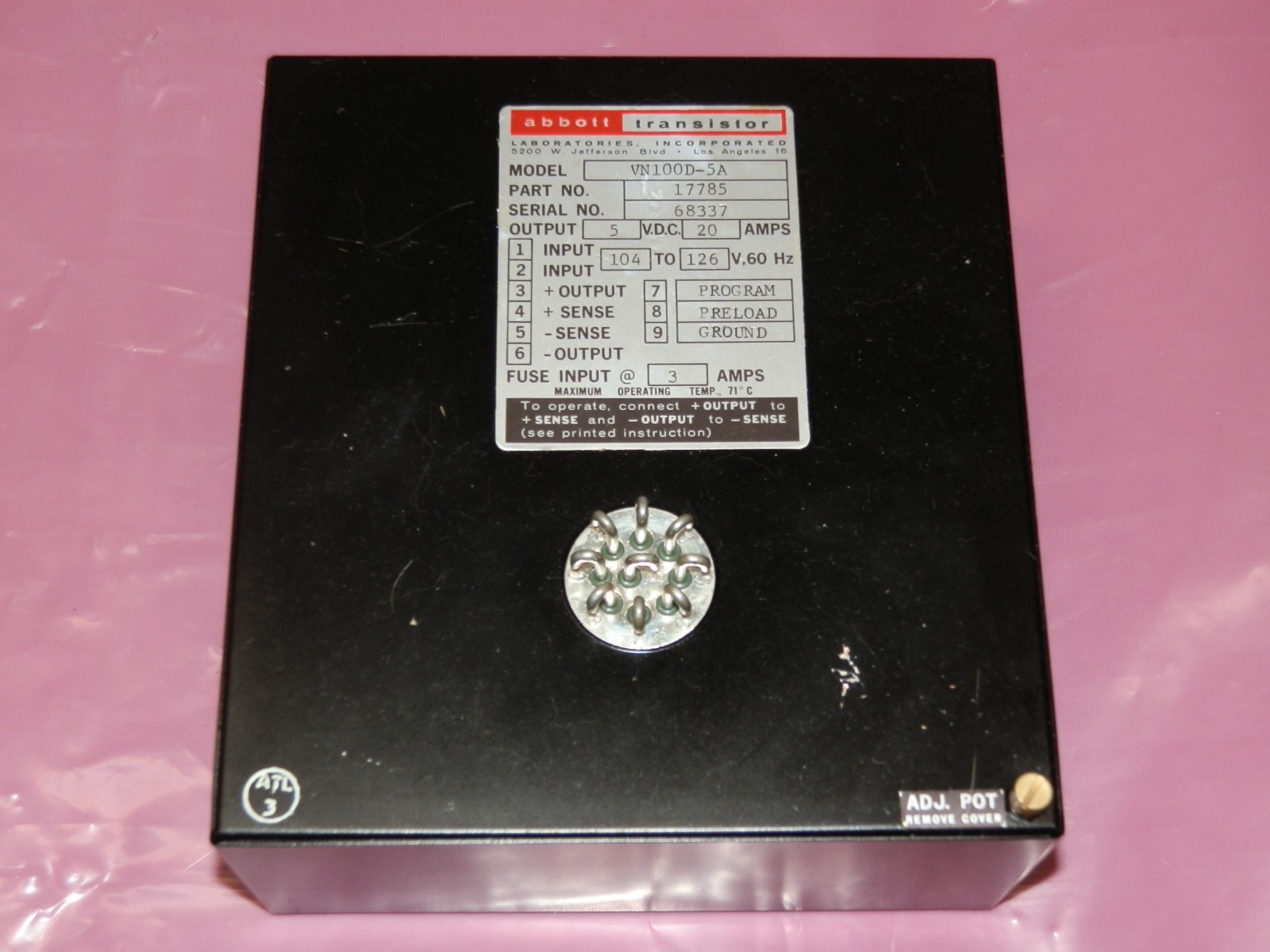 Abbott Transistor Power Supply VN100D-5A -- Part # 17785 Abbott Transistor Power Supply VN100D-5A -- Part # 17785